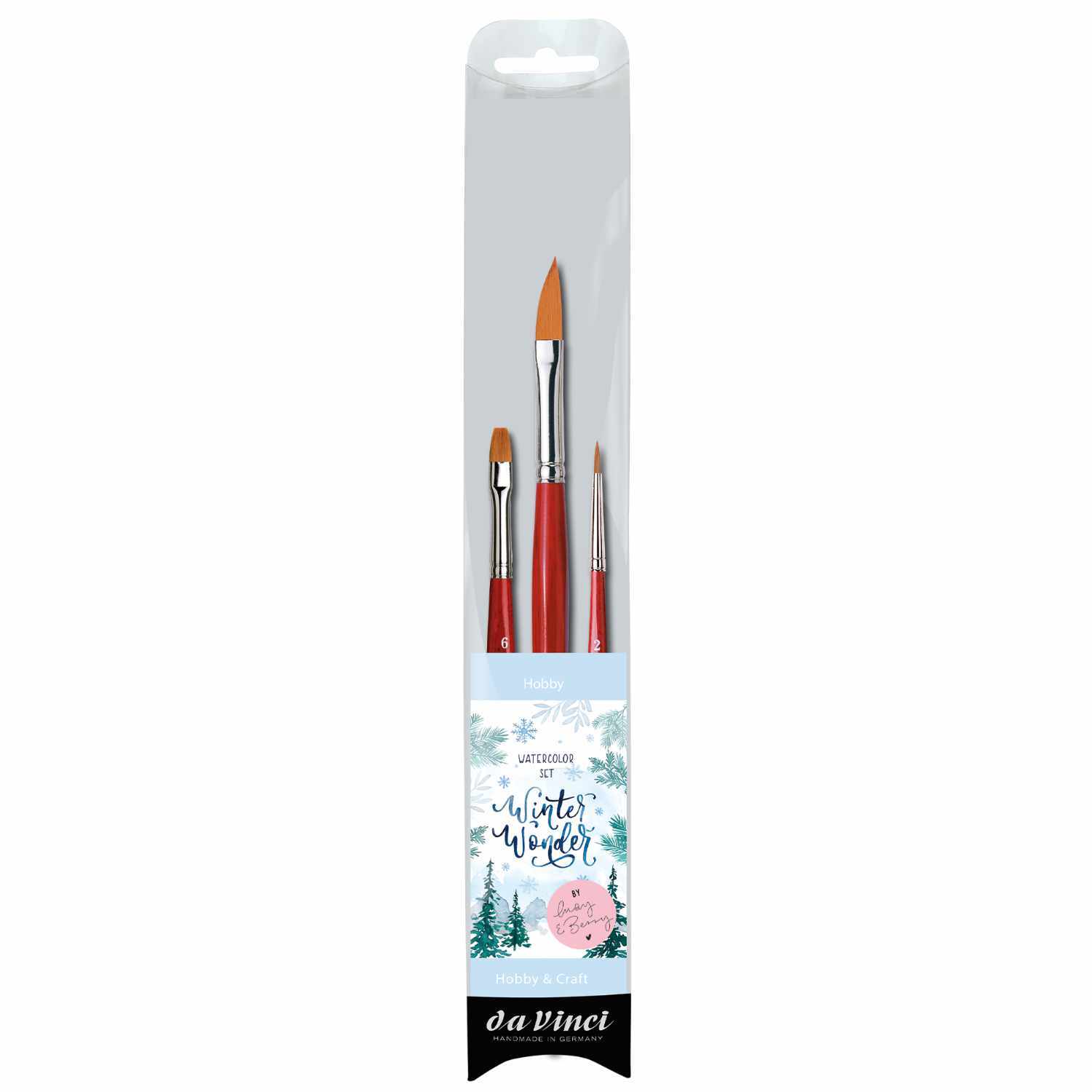 da Vinci Pinsel-Set Winter Wonder: Drei rote Pinsel in einer transparenten Verpackung von May&Berry. Ideal für kreative Projekte.