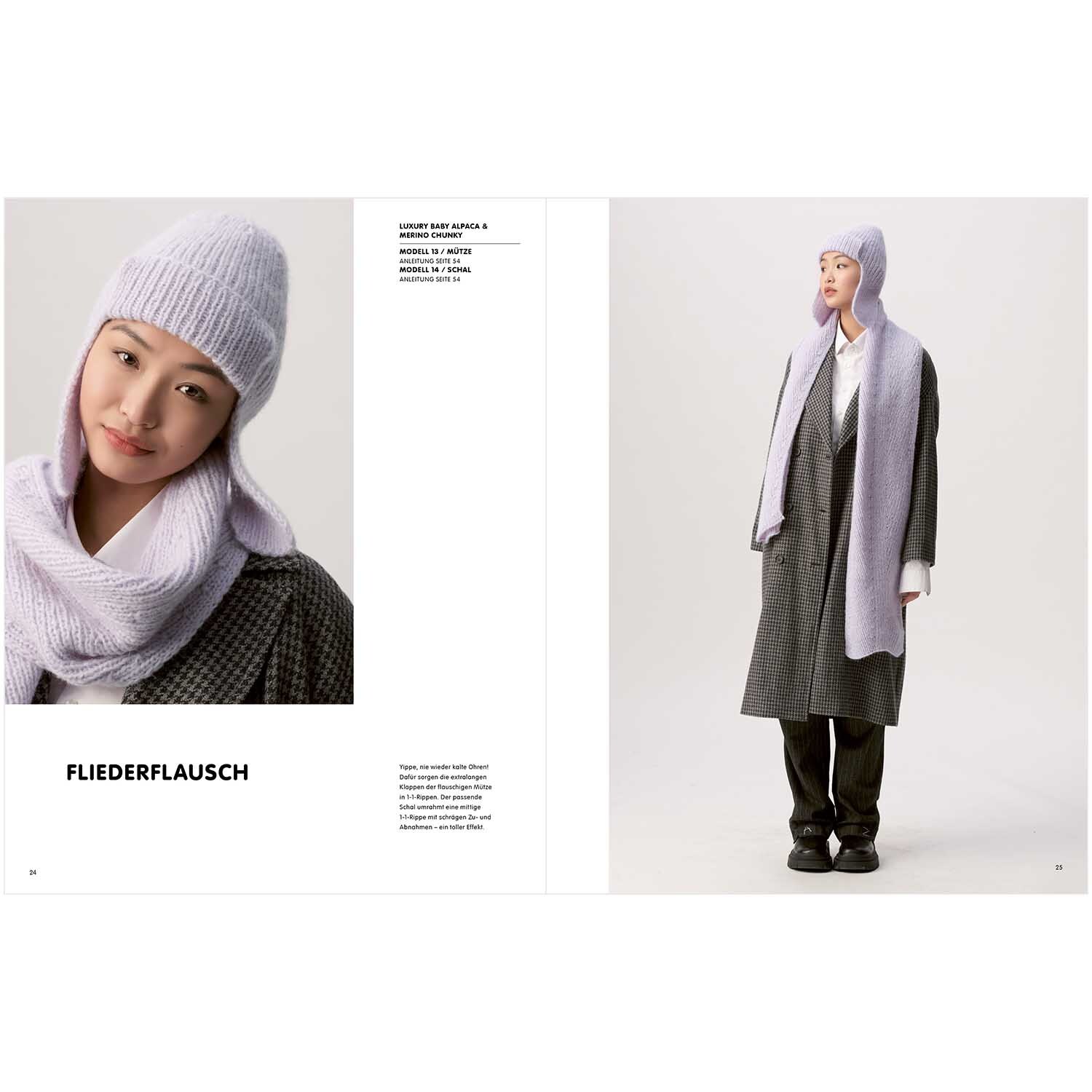 Luxury Knits Winter Special: Frau in fliederfarbenem Strickset mit Mütze und Schal von Rico Design.