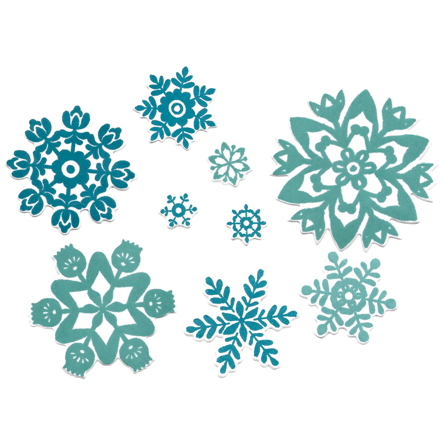 Framelits Die Set White Christmas #2 15PK zeigt blaue Schneeflocken in verschiedenen Größen und Designs. Ideal für kreative Bastelprojekte.