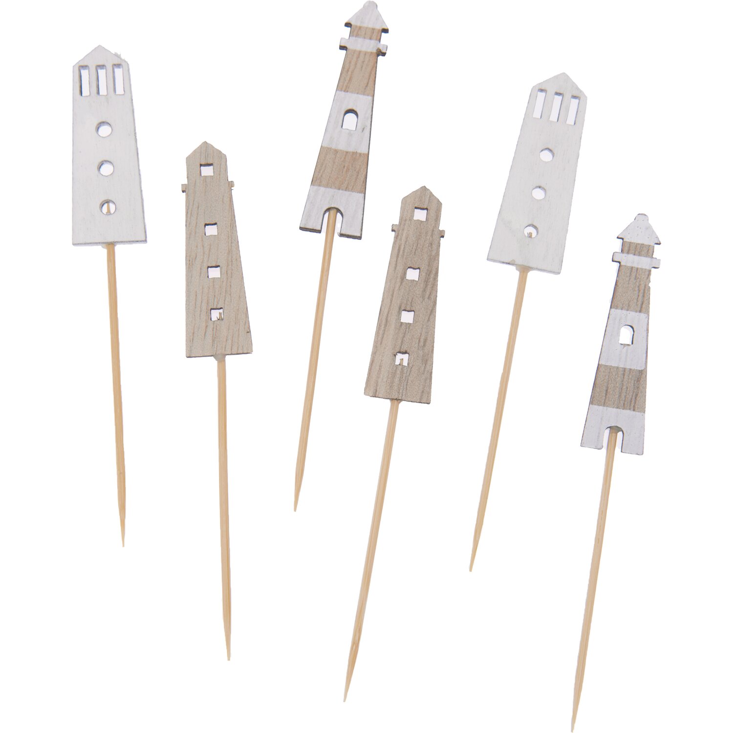 Deko-Picker Leuchtturm Mix natur, 8,3-9cm, 6 Stück. Holzspieße in Leuchtturmform, ideal für maritime Dekorationen.