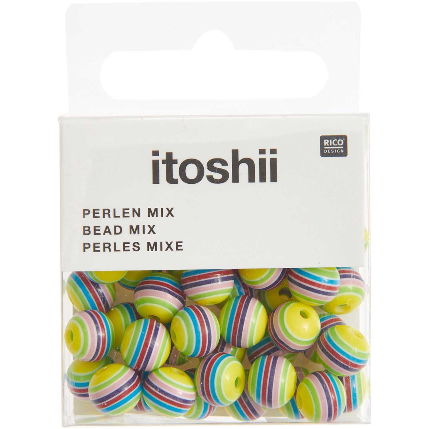 itoshii Gestreifte Perlen in lila-gelb, 8mm, 48 Stück. Bunte Perlen von Rico Design in einer transparenten Verpackung.