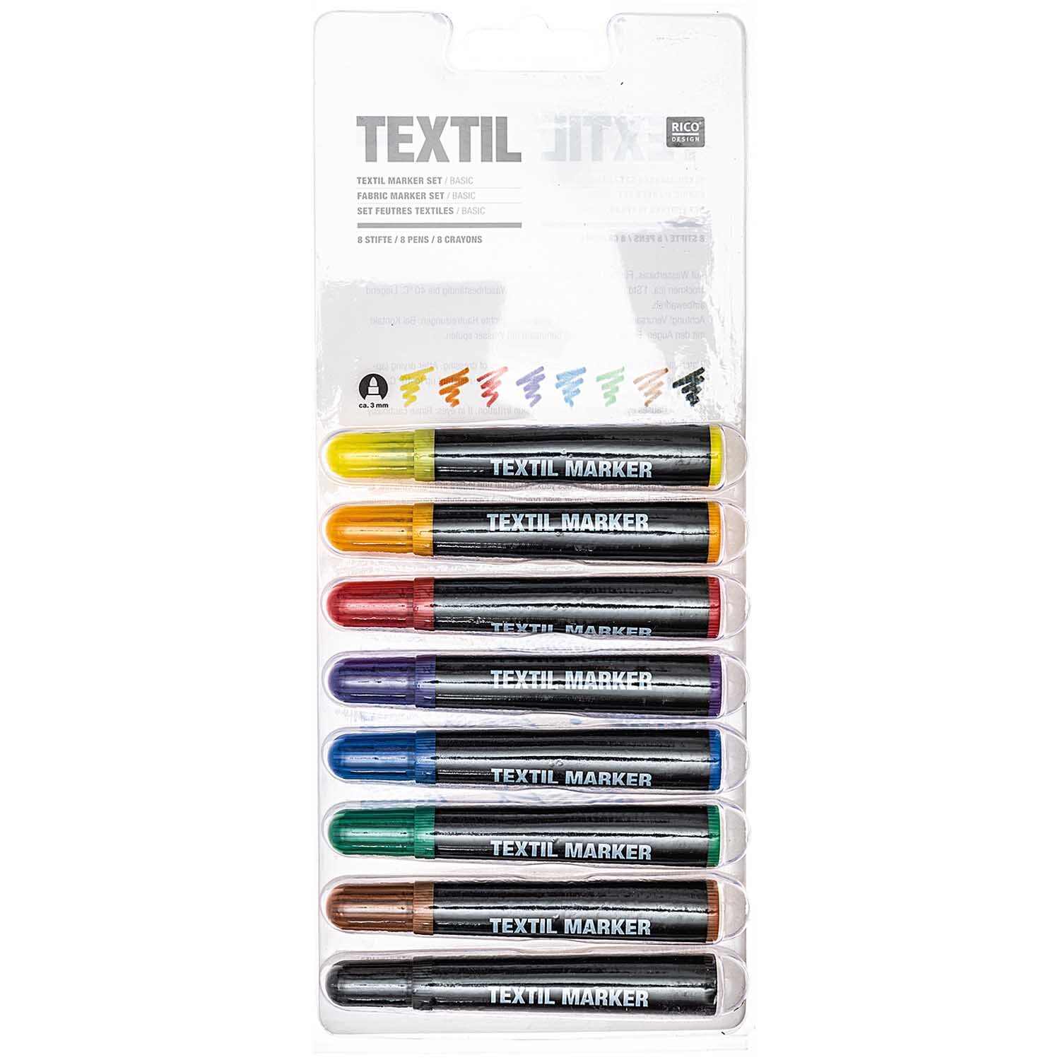 Textil Marker basic 8 Farben von Rico Design: Set mit acht bunten Markern für kreative Textilgestaltung. Ideal für individuelle Designs.