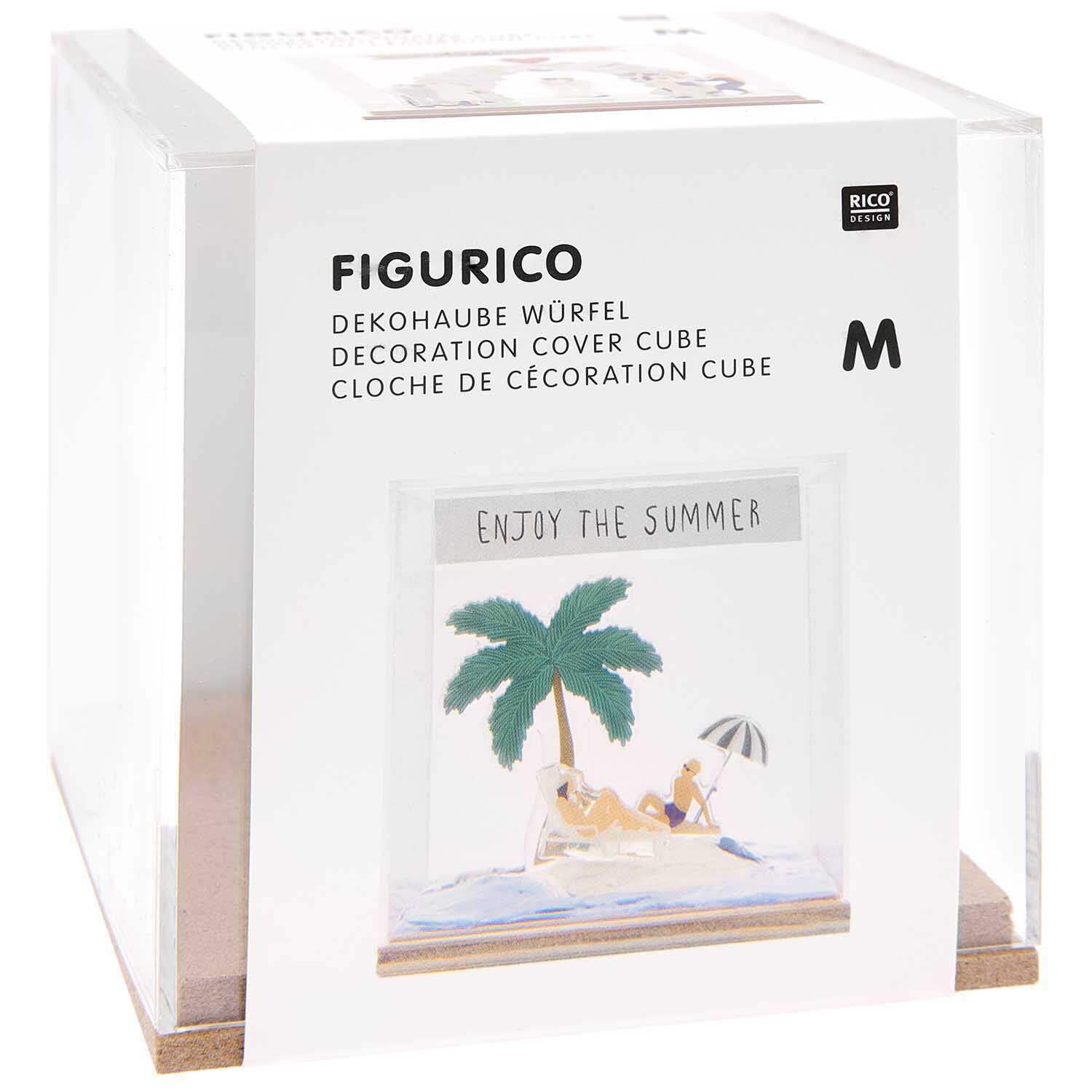 Figurico Dekohaube Würfel von Rico Design zeigt eine sommerliche Szene mit Palme und Strand.