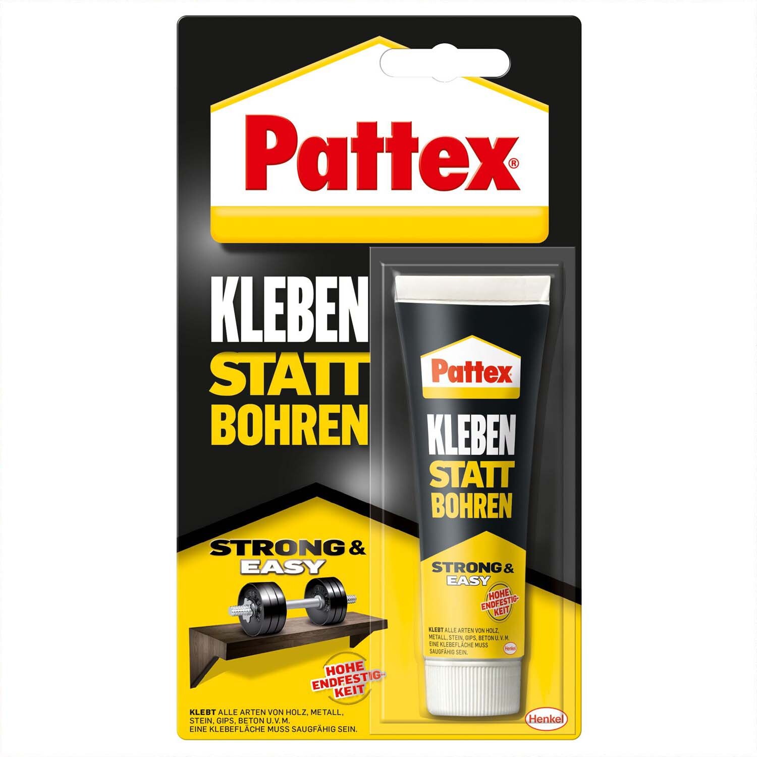 Kleben statt Bohren Montagekleber 50g von Pattex, in gelber Verpackung, ideal für einfache und starke Befestigungen.