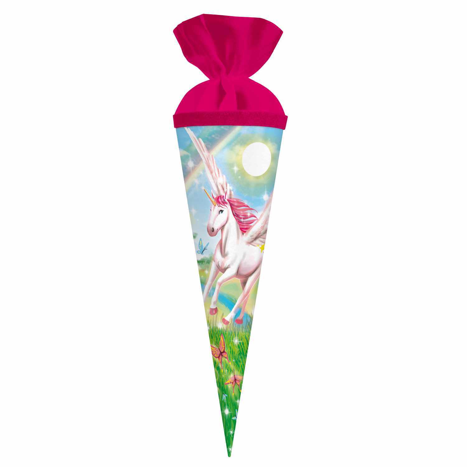 Schultüte Einhorn mit farbenfrohem Einhornmotiv auf einer Wiese, 35cm, von goldbuch. Ideal für den Schulanfang.