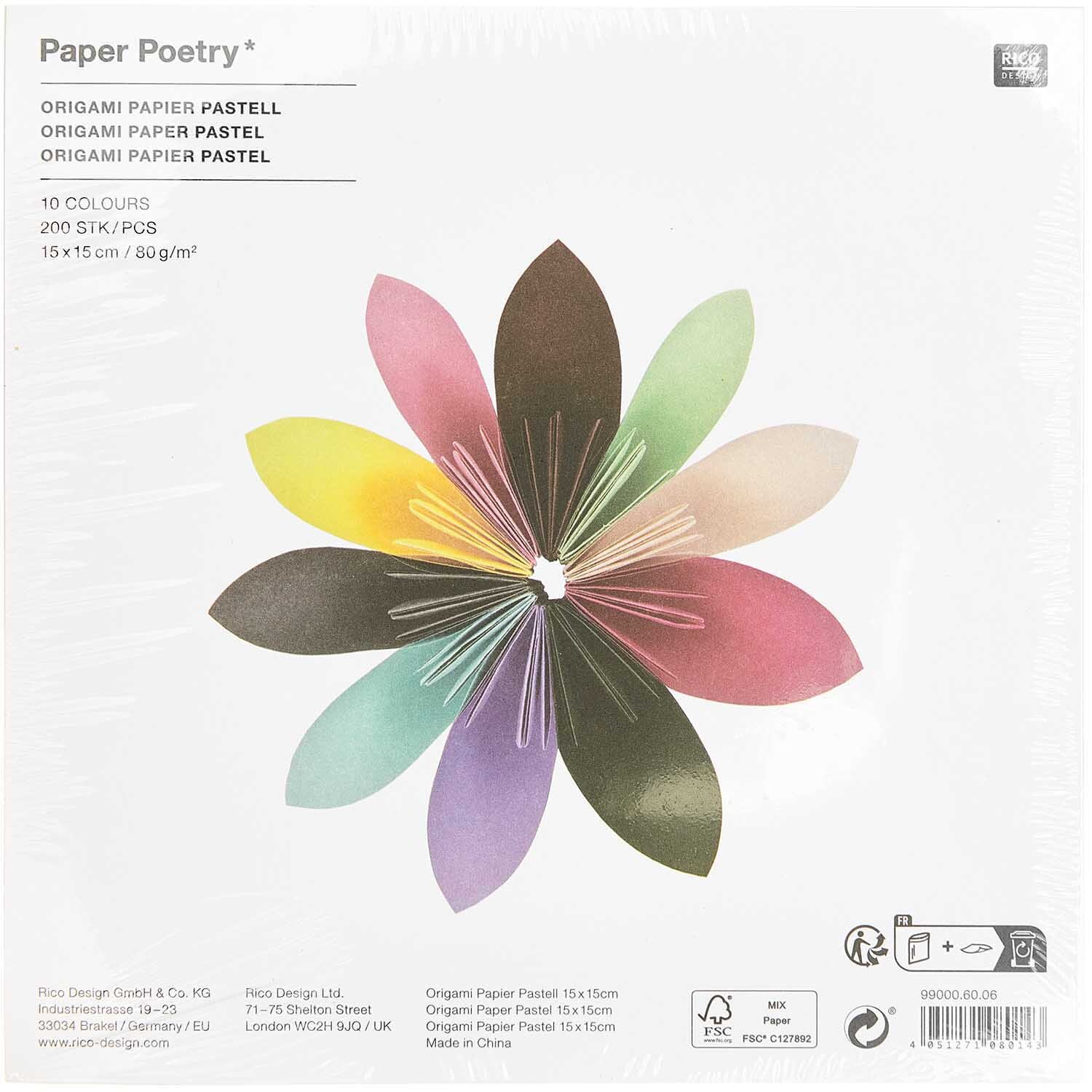 Paper Poetry Origami pastell 15x15cm 200 Blatt 10 Farben von Rico Design
