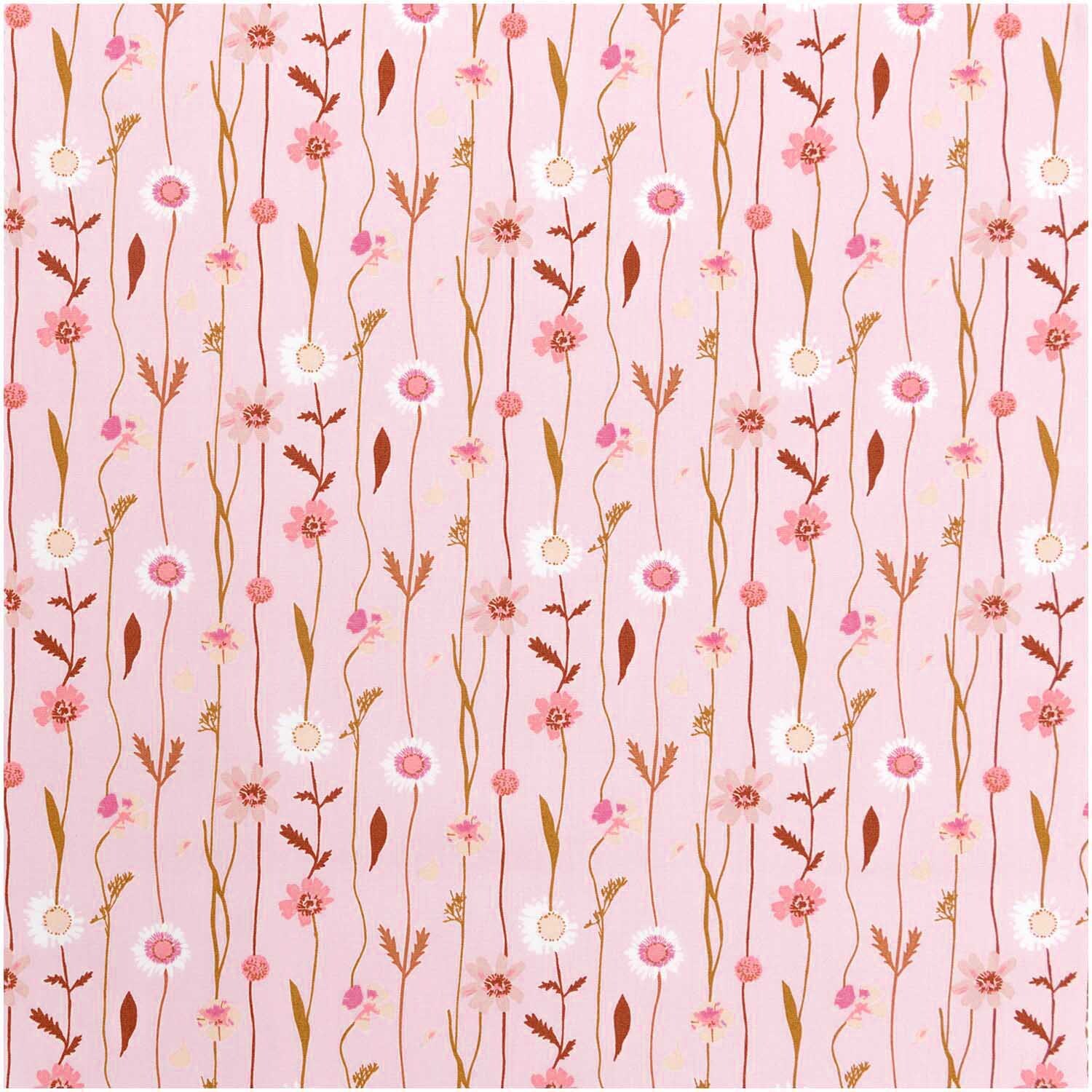 Stoffabschnitt Druckstoff Wildblumen rosa 50x140cm zeigt ein florales Muster mit zarten Blüten und Blättern auf rosa Hintergrund. Ideal für Nähprojekte.
