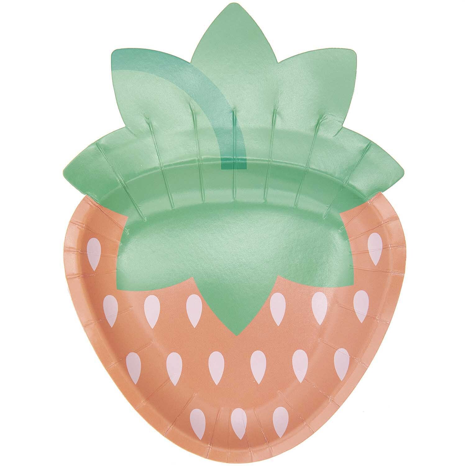 Pappteller Erdbeere 17x23cm 8 Stück von Rico Design: Erdbeerförmiger Teller mit grünen Blättern, ideal für sommerliche Partys.