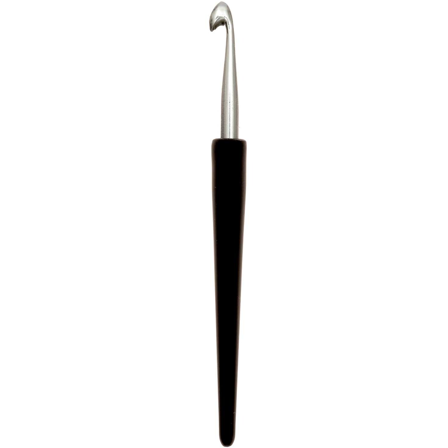 KnitPro Häkelnadel Aluminium mit schwarzem Griff und silberner Spitze, ideal für präzises Häkeln.
