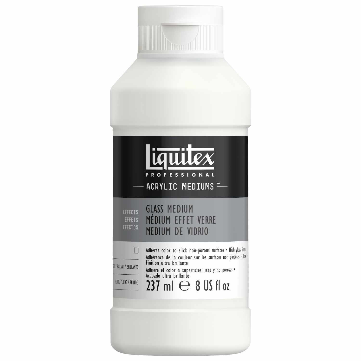 Acryl Glas Medium 237ml von Liquitex in weißer Flasche mit schwarzem Etikett, 237ml Inhalt.
