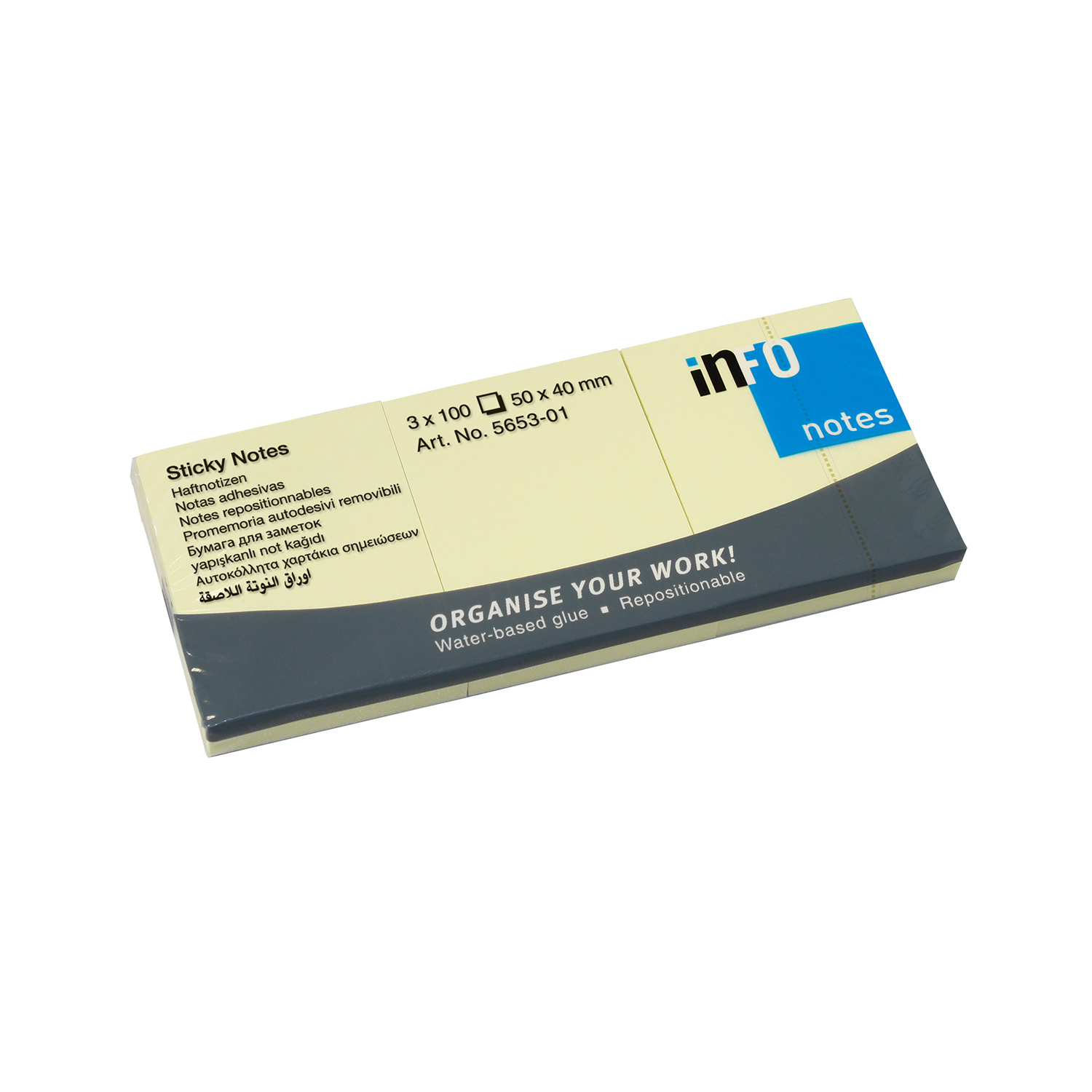 inFO Haftnotiz Gelb 3x100 Blatt, 5x4cm, zeigt gelbe Haftnotizen mit wasserbasiertem Kleber, ideal zum Organisieren.