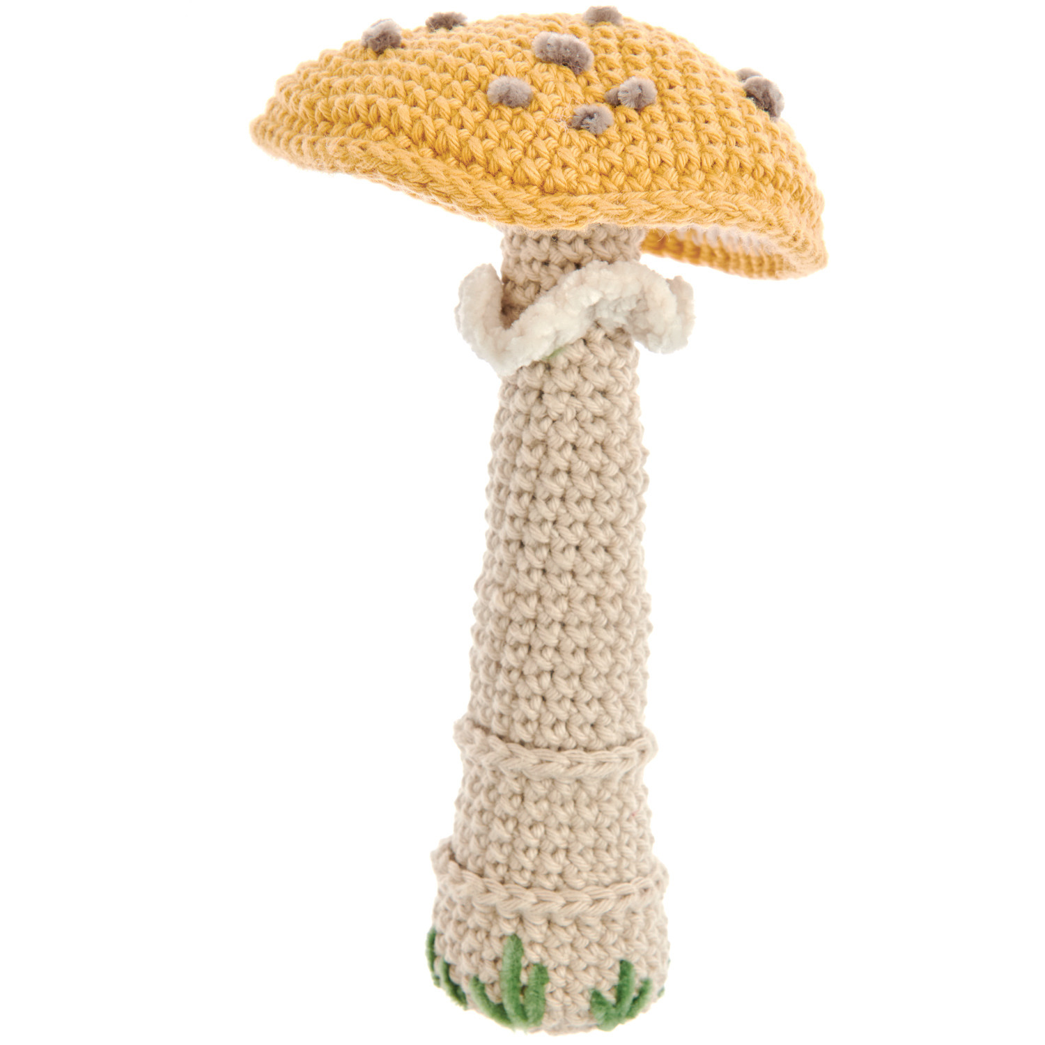 Creative Ricorumi dk: Gehäkelter Pilz in Creme und Safran mit grünen Details, ideal für DIY-Projekte.