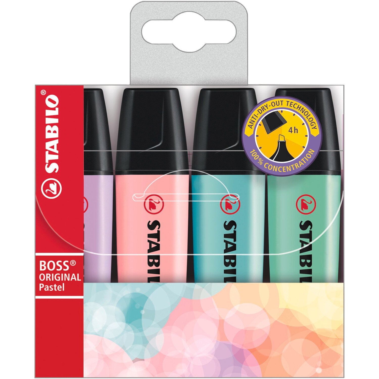 Textmarker Boss Original Pastell 4 Stück in sanften Farben von STABILO, ideal zum Hervorheben.
