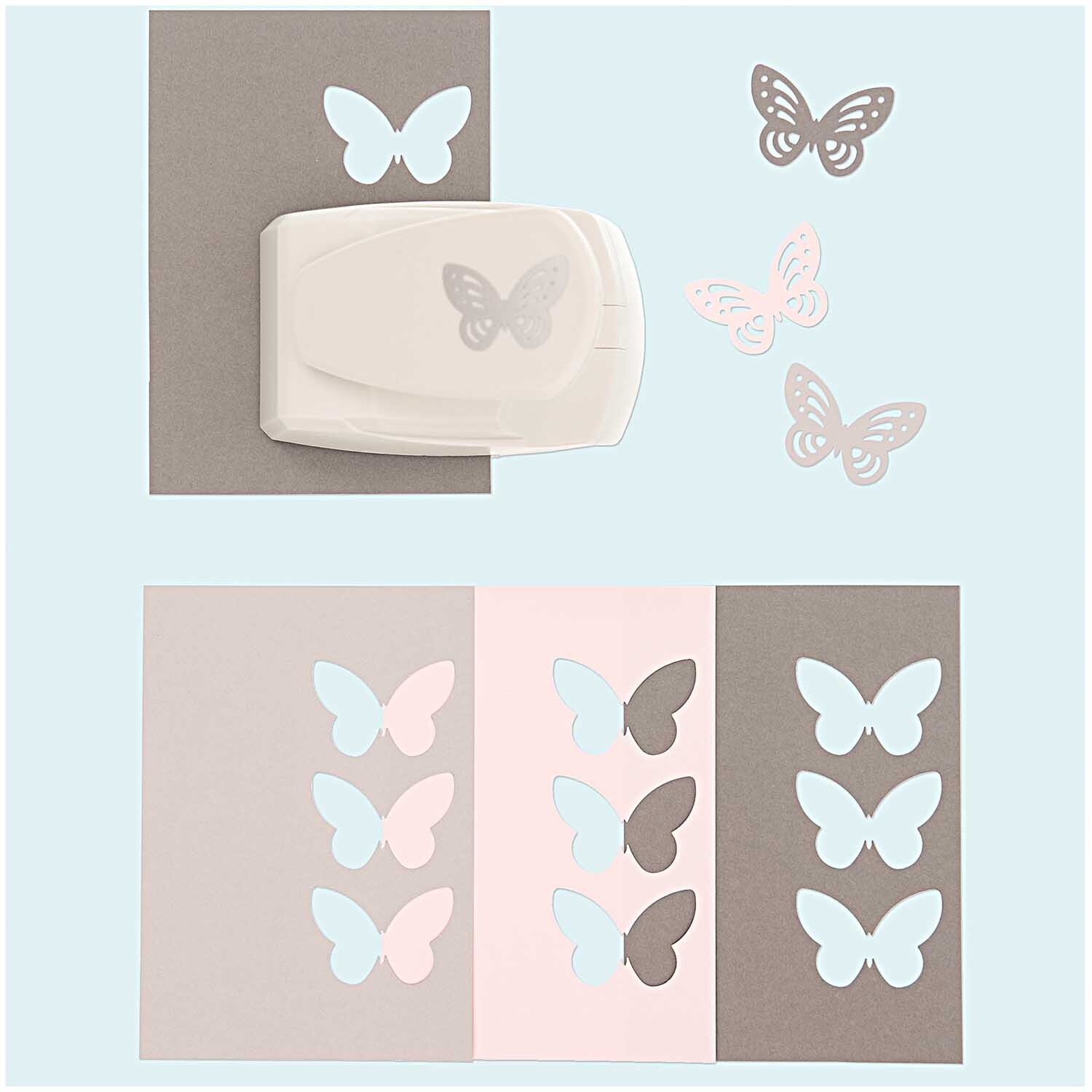 Paper Poetry Multidetail Stanzer Schmetterling stanzt filigrane Schmetterlinge aus buntem Papier. Ideal für kreative Bastelprojekte.