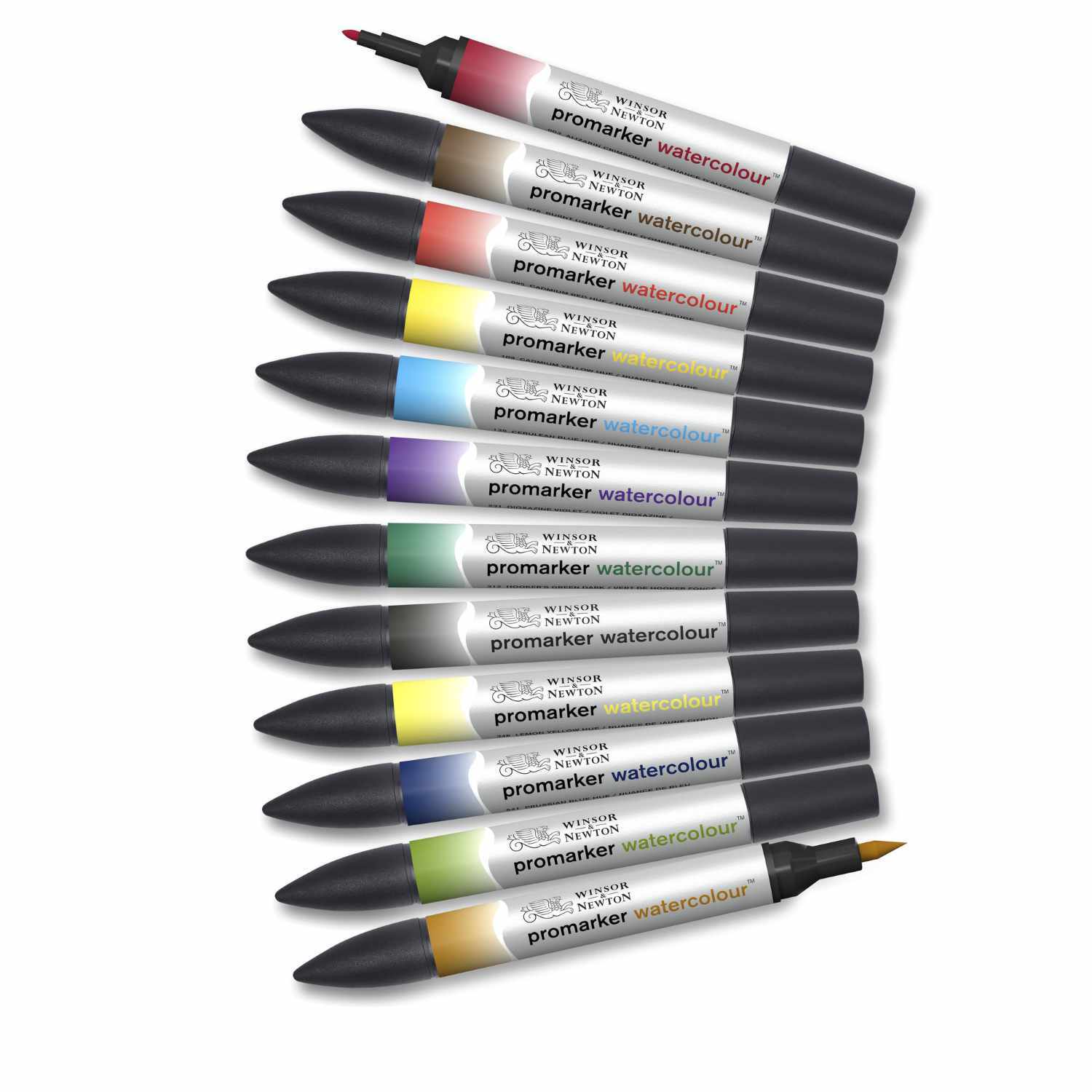 Promarker Aquarellmarker 12 Stück von Winsor & Newton in verschiedenen Farben, angeordnet in einer Reihe.