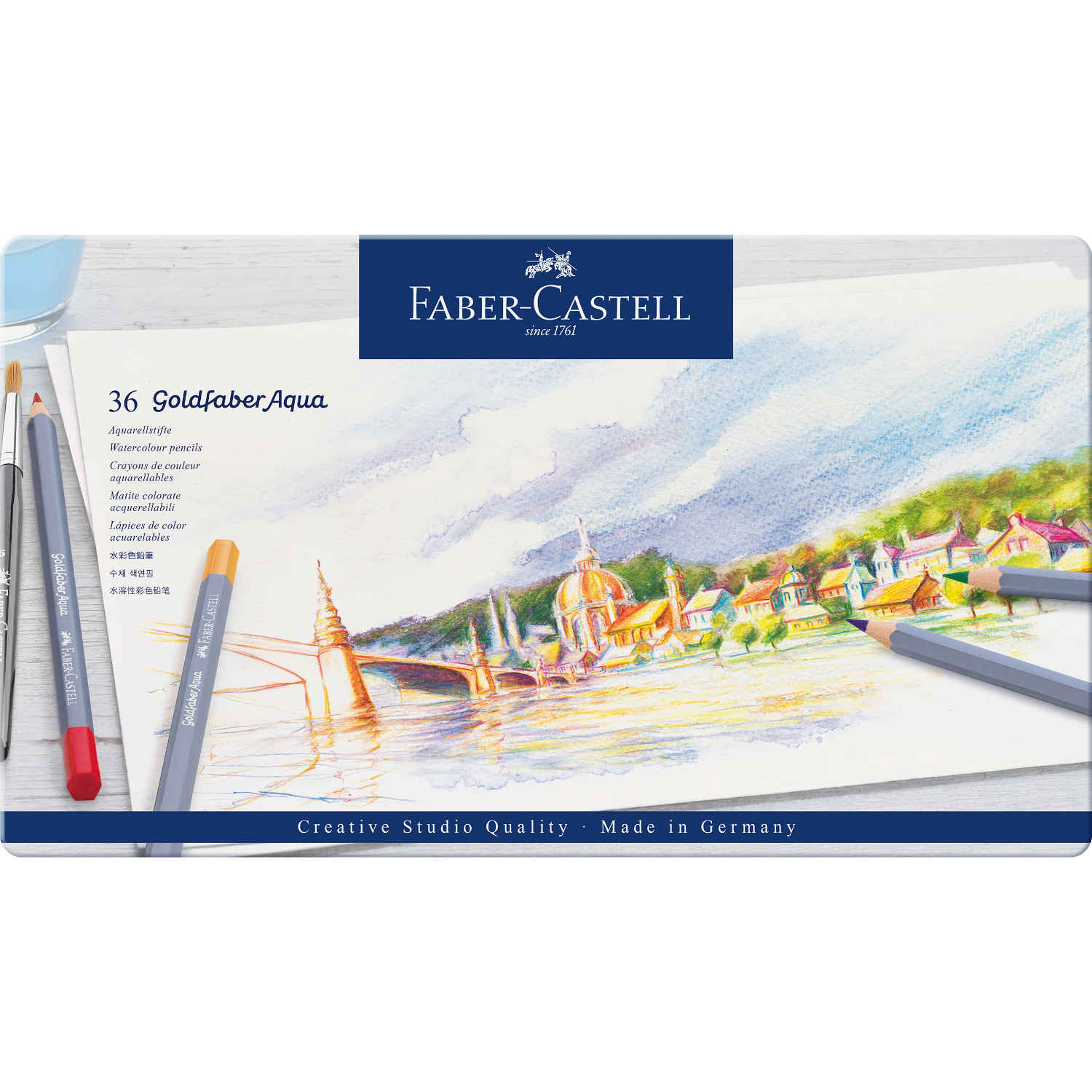 Goldfaber Aqua Aquarellstifte im Metalletui, 36-teilig, mit Landschaftszeichnung und Faber Castell Logo.