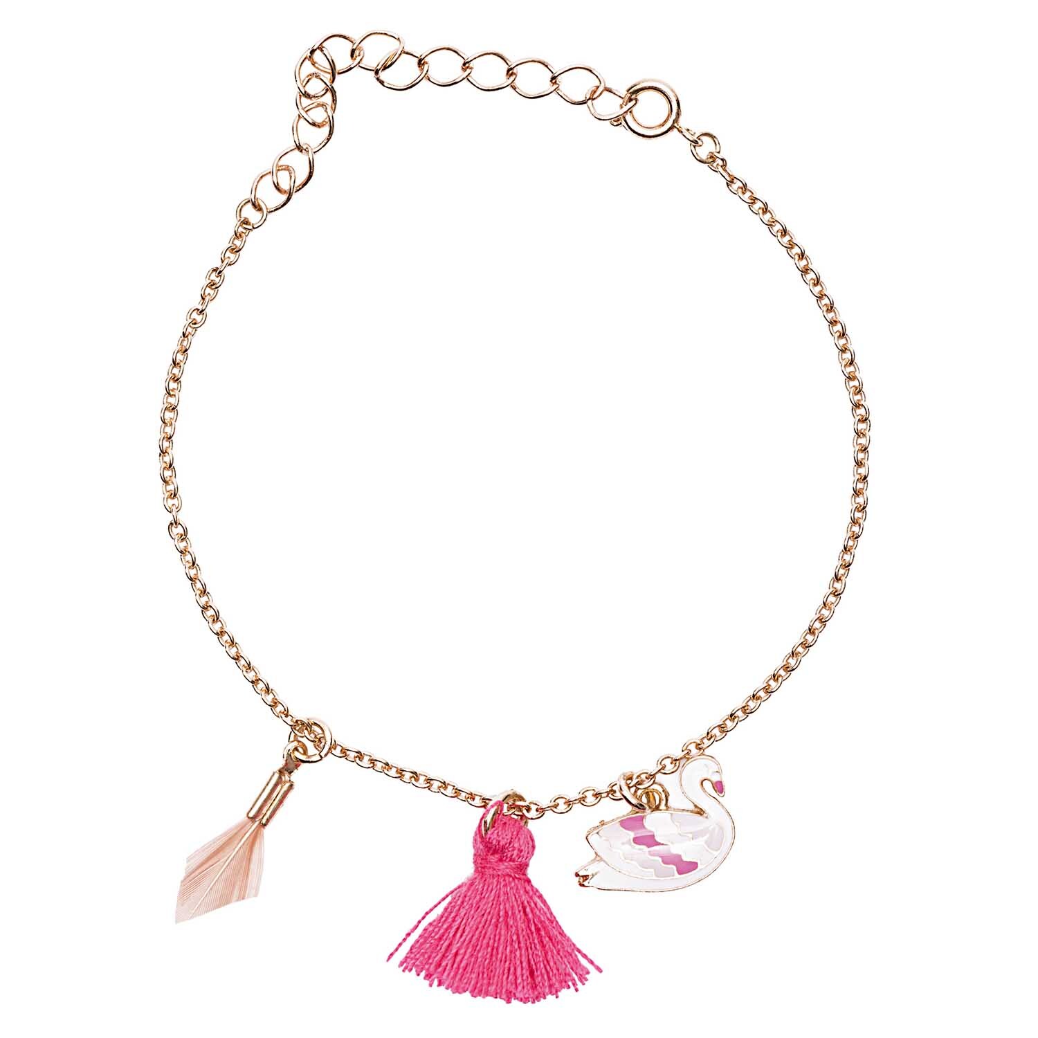 Gliederarmband fein gold 16-22cm mit rosa Quaste und Schwan-Anhänger von Rico Design.