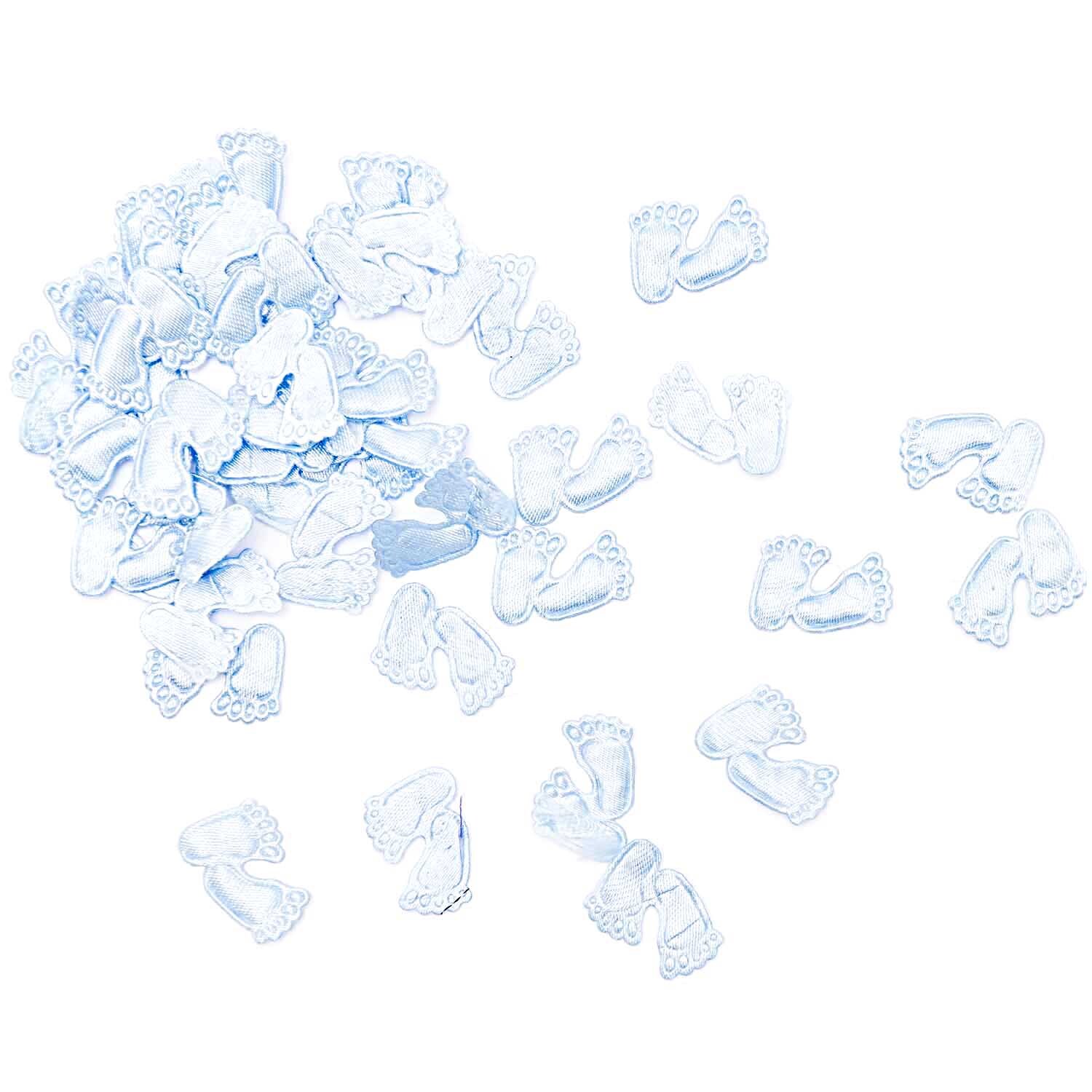 Streu Babyaccessoires hellblau 2cm Satin, 48 Stück, in Form von kleinen Füßen, ideal für Dekorationen.