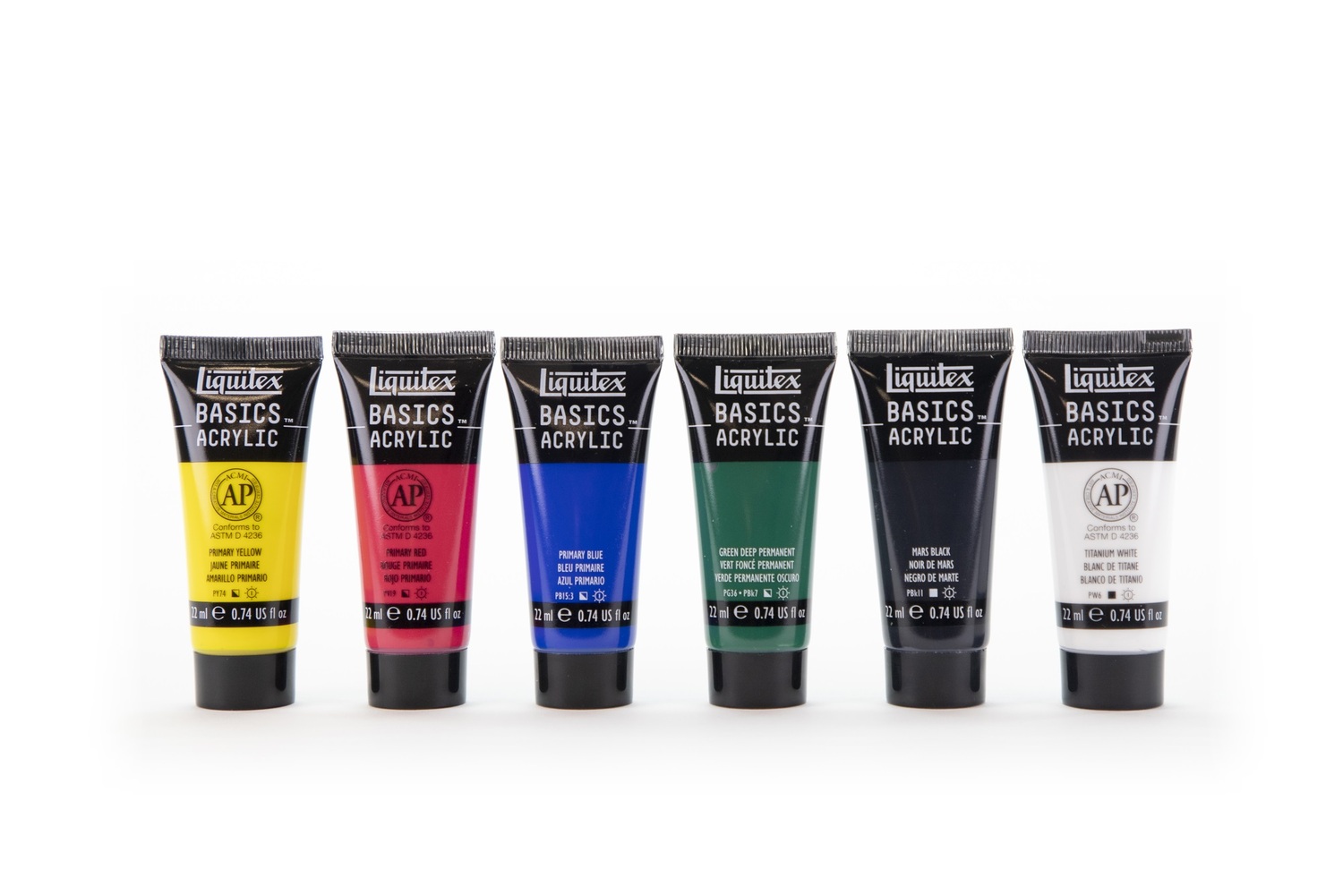 Basics Acrylfarben Set 6x22ml zeigt sechs Tuben in verschiedenen Farben, ideal für kreative Projekte.
