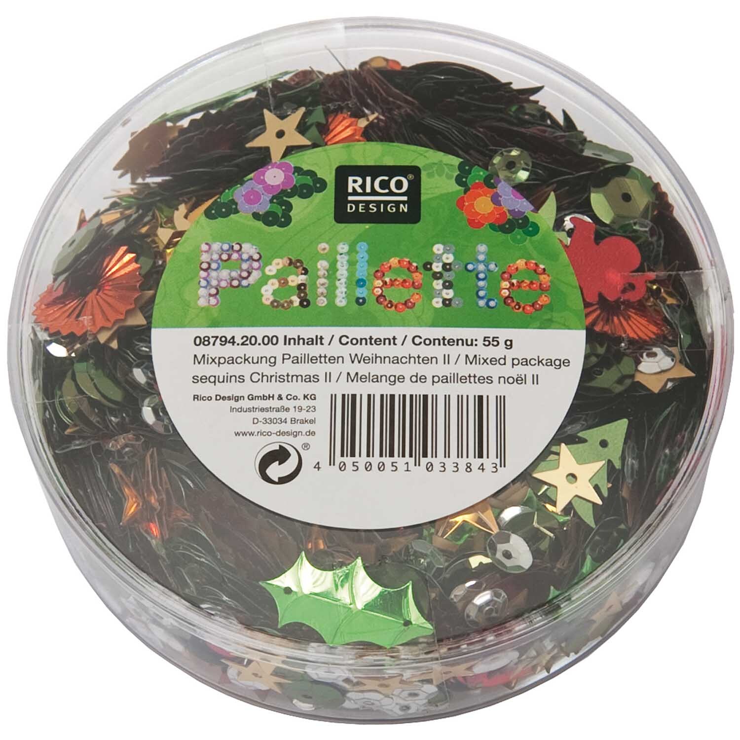 Pailletten Mix Weihnachten rot-grün 55g von Rico Design in runder Verpackung mit festlichen Motiven. Ideal für kreative Weihnachtsdekorationen.