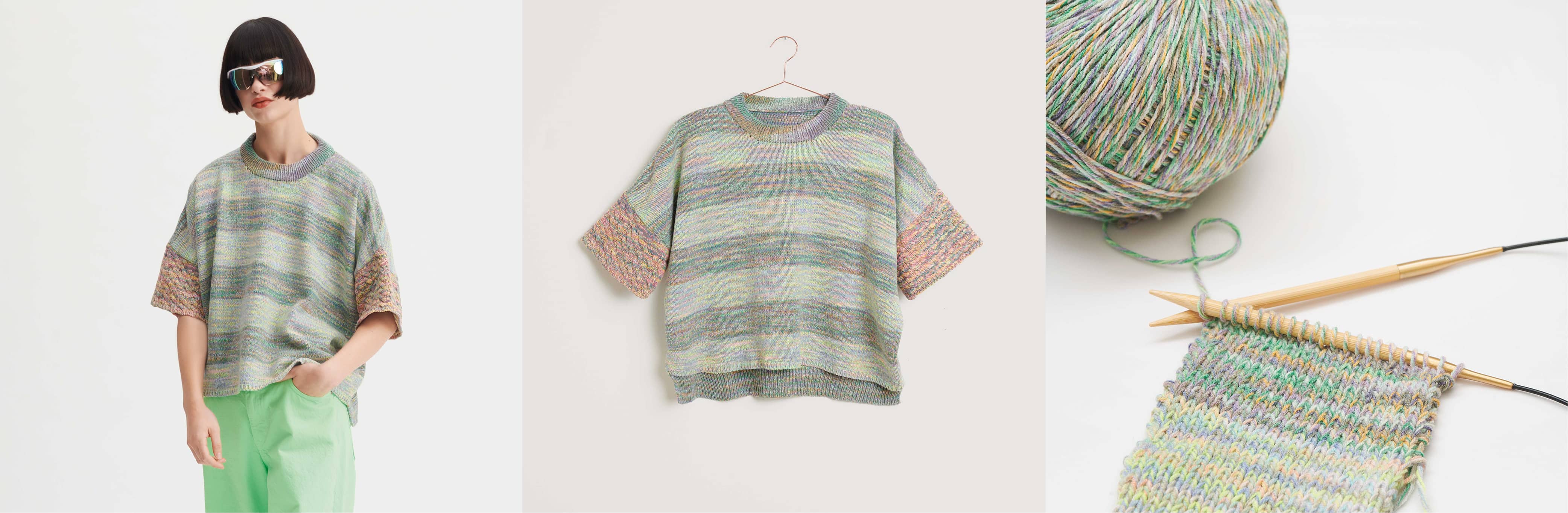 Gestricktes Shirt Modell 07 aus Made by Me No. 18 getragen am Model und auf einem Bügel. Daneben ein buntes Wollknäuel und ein Strickstück 