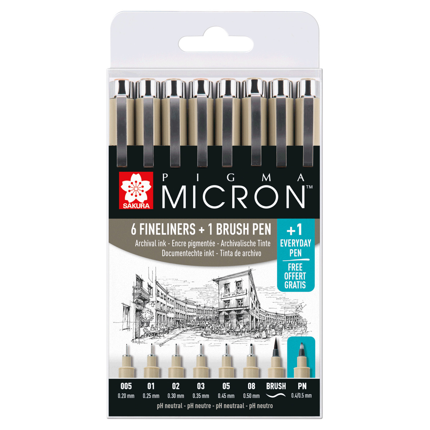 Pigment Liner Sakura Pigma Micron Promotion Set, 8-teilig, zeigt schwarze Fineliner und Brush Pen in Verpackung. Ideal für präzises Zeichnen.