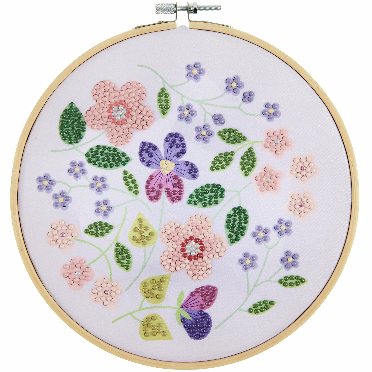 Diamond Painting DIY-Set Schimmernde Blumen 19-teilig zeigt bunte Blumen auf weißem Hintergrund in einem runden Rahmen. Ø20cm.