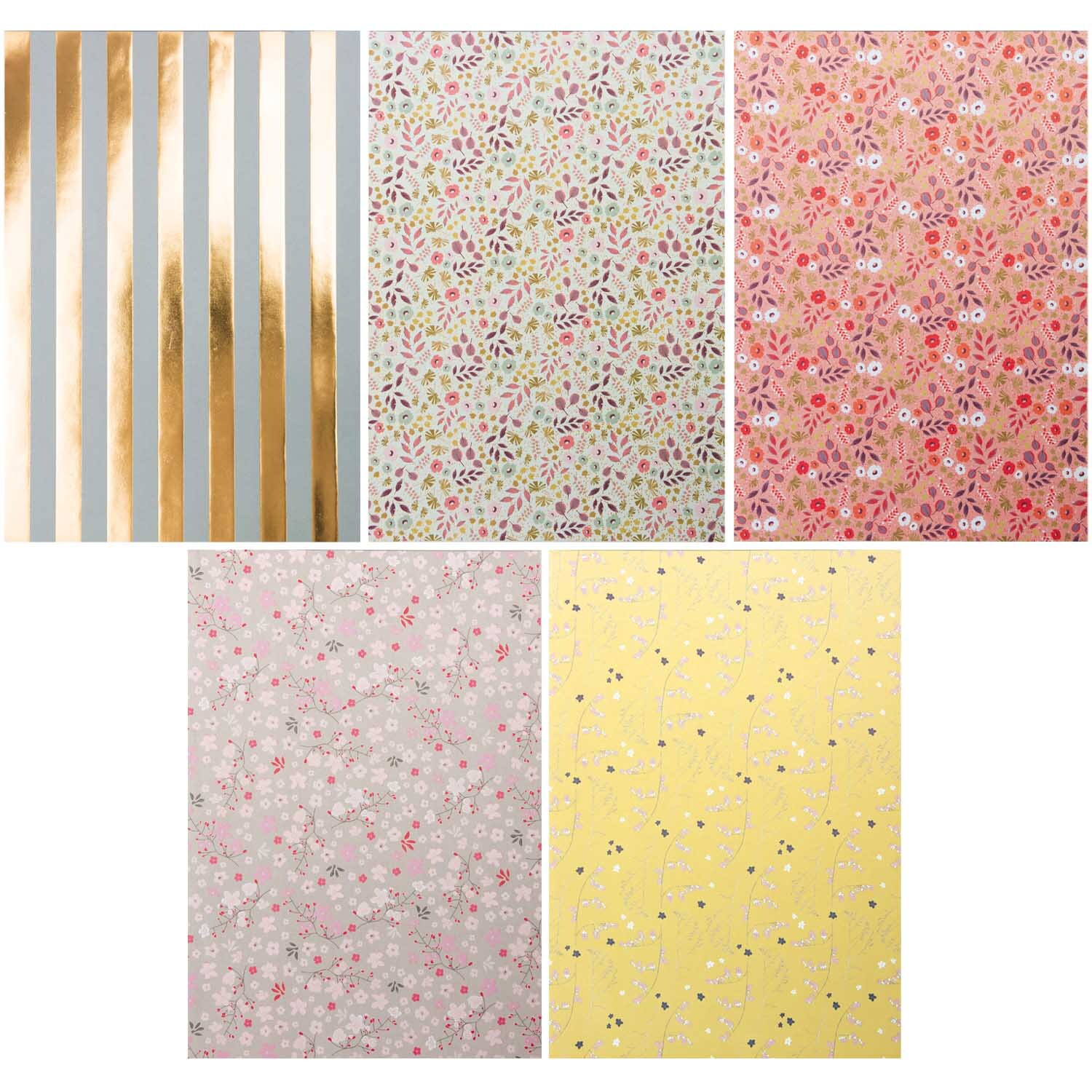 Paper Poetry Motivpapier Block Bouquet Sauvage zeigt bunte florale Muster und goldene Streifen. Ideal für kreative Projekte. Marke: Rico Design.