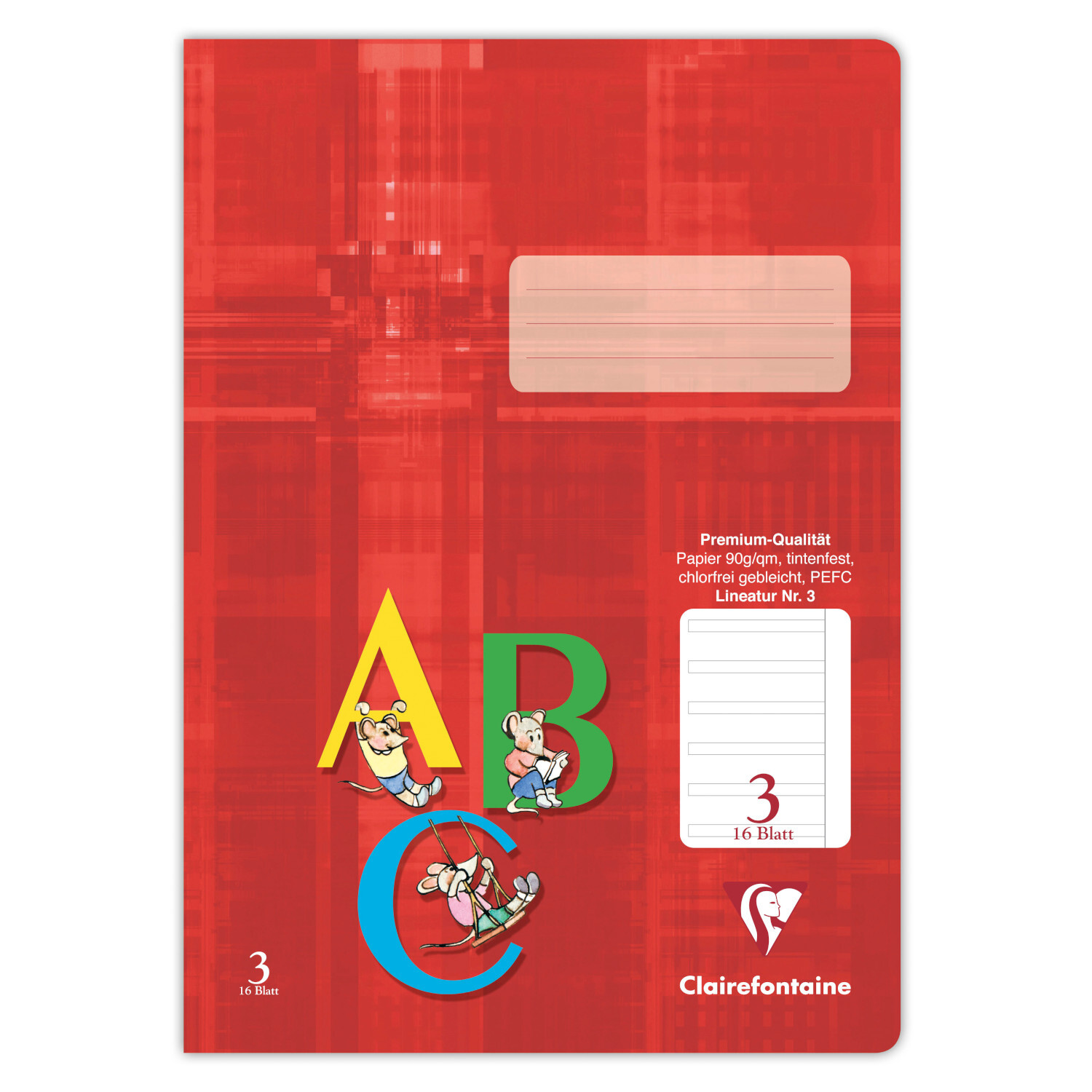Schulheft Rot A4 liniert 16Blatt, Clairefontaine, 90g/m², mit ABC-Motiv auf rotem Hintergrund.