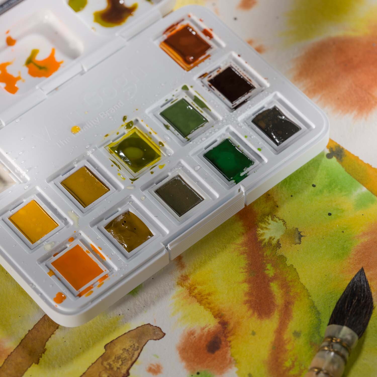 Aquarell Set Naturfarben 12 Näpfchen mit Pinsel, van Gogh, auf farbigem Hintergrund.