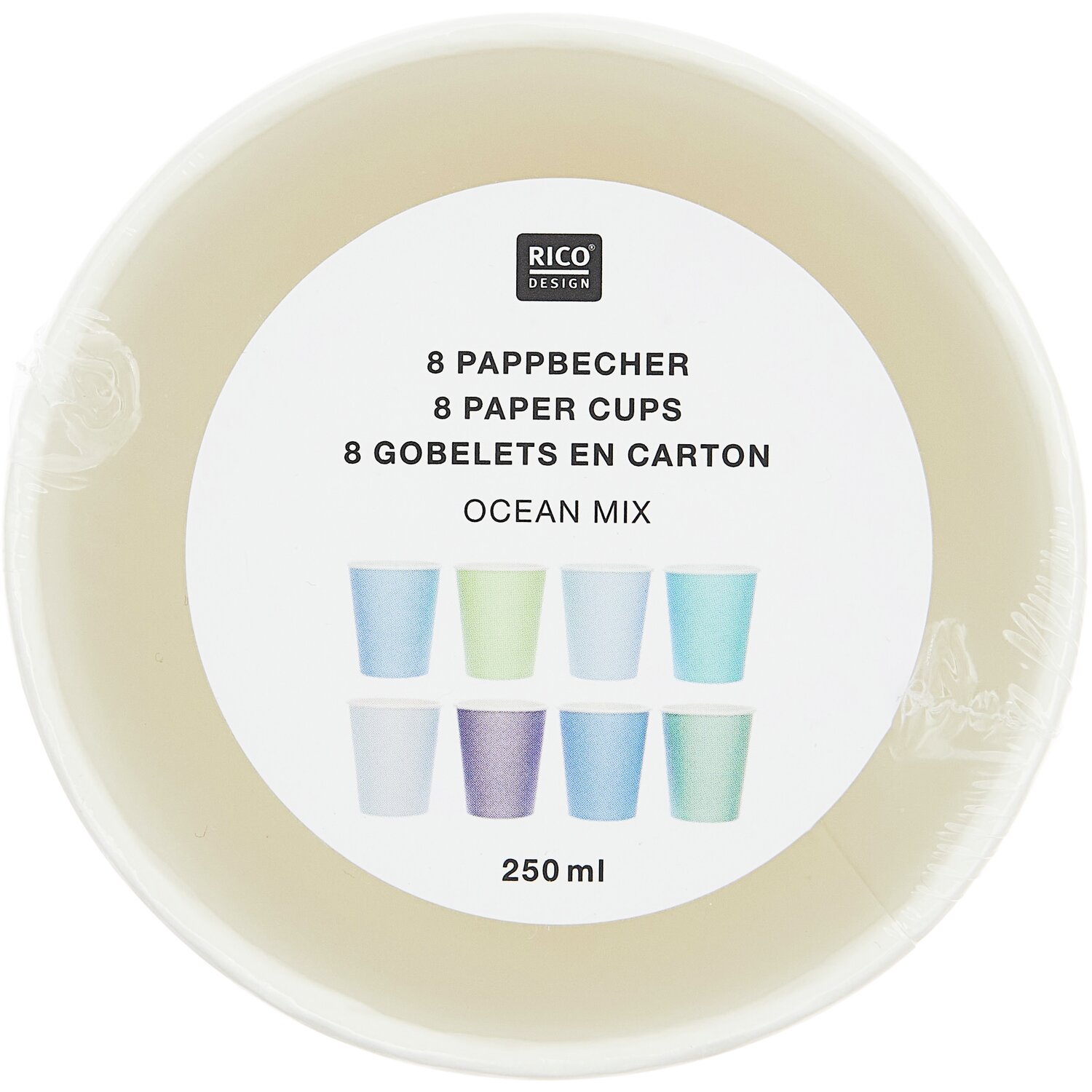 Pappbecher Mix Ozean: Set aus 8 farbigen Bechern von Rico Design, ideal für Partys, 250ml.
