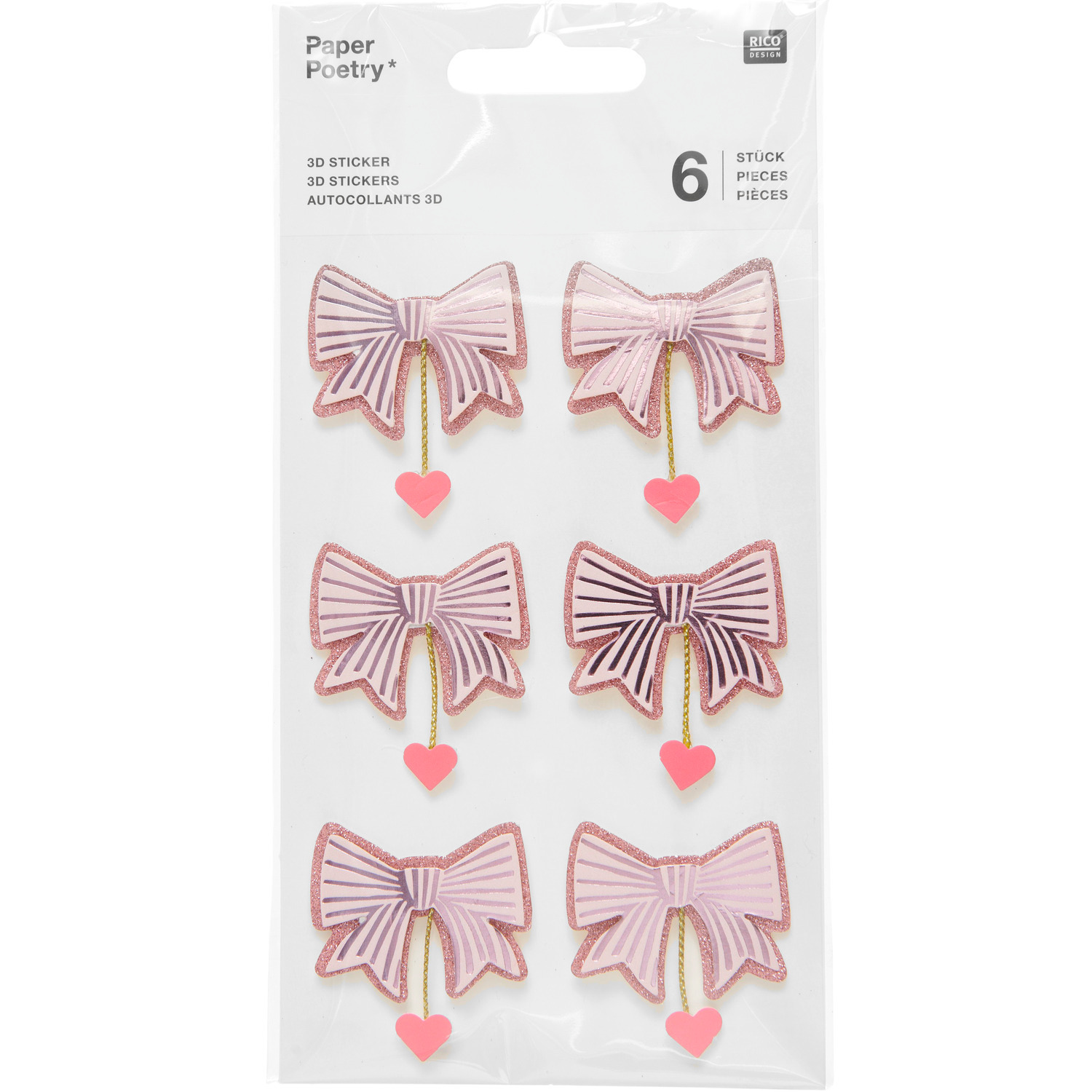 Paper Poetry 3D Sticker Schleifen / Herzen 6 Stück Farbe Pink von Rico Design