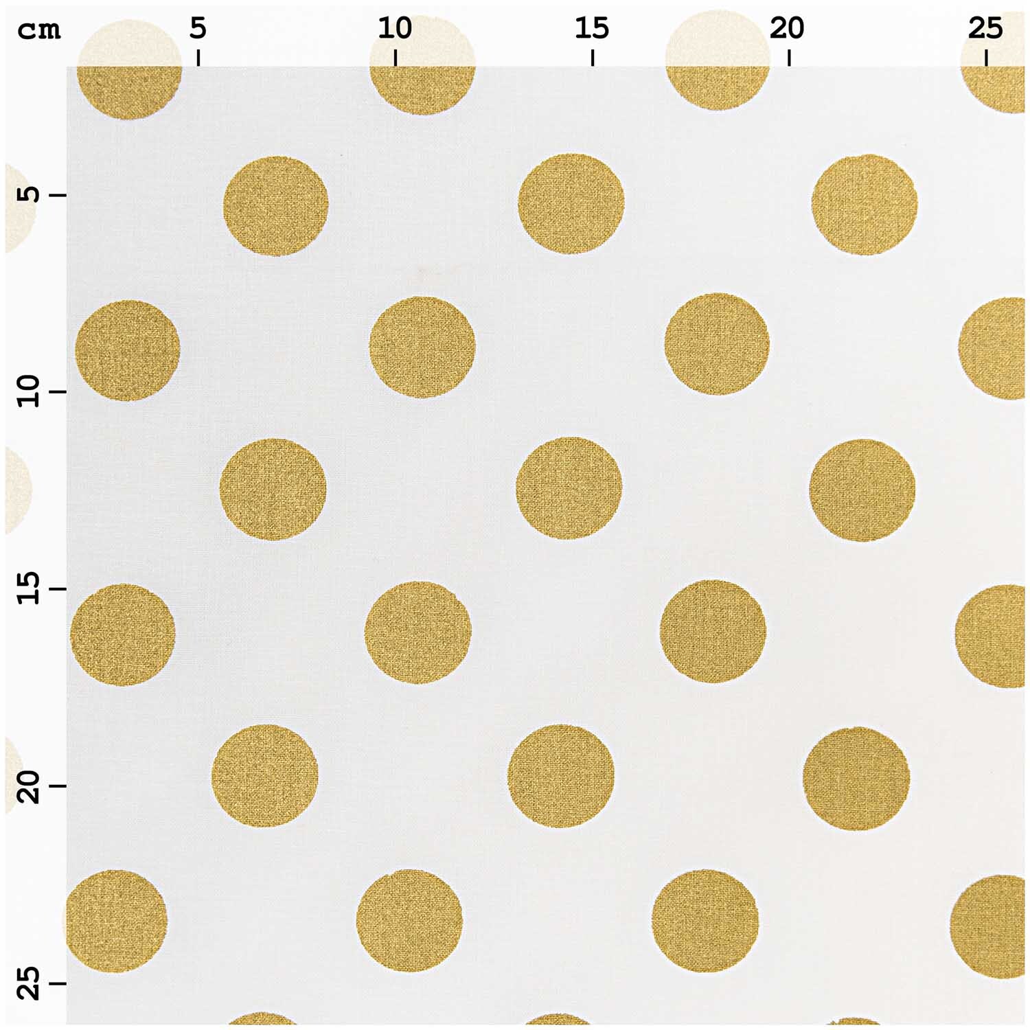 Stoff Punkte weiß-gold 50x140cm von Rico Design zeigt ein Muster aus goldenen Punkten auf weißem Hintergrund. Ideal für kreative Nähprojekte.