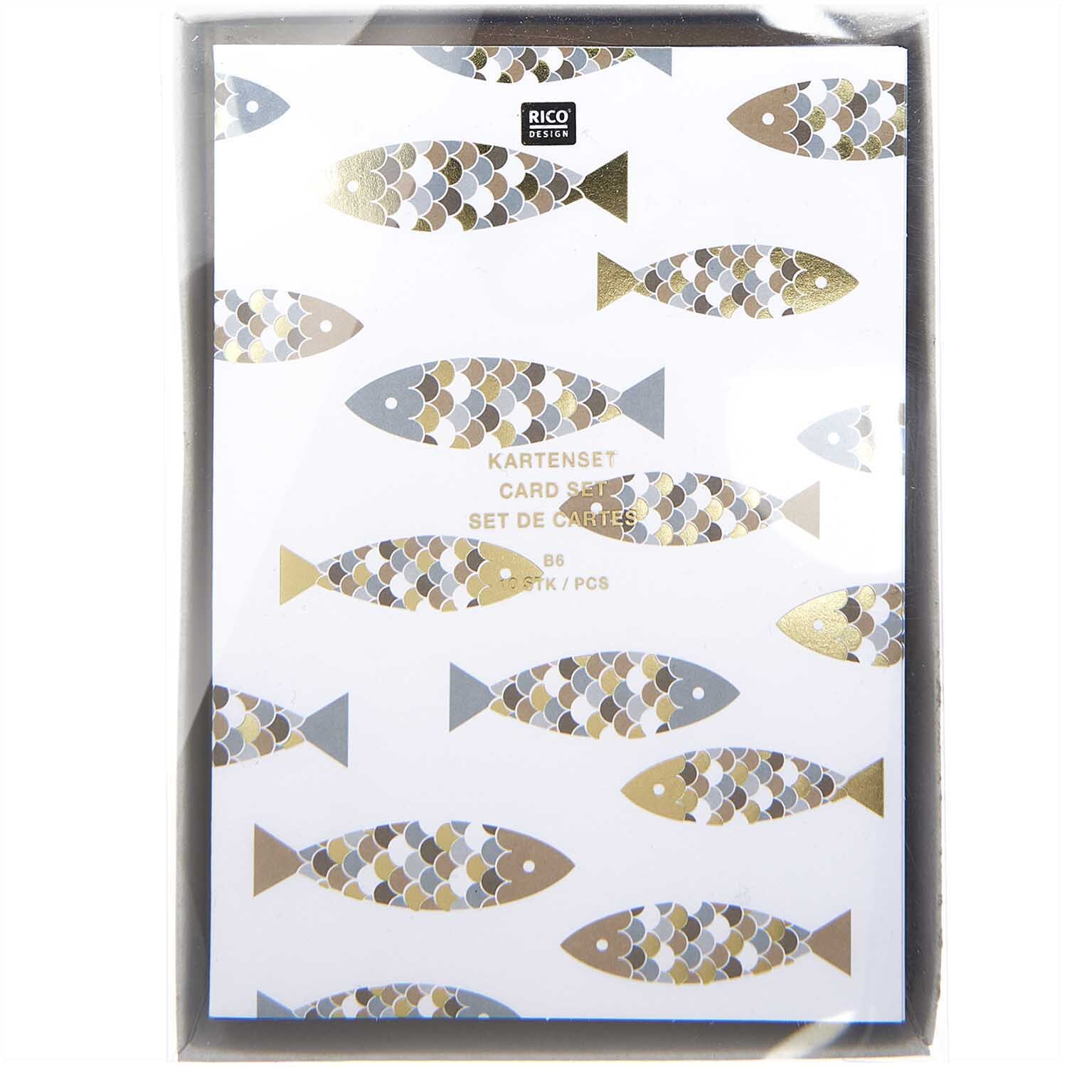 Paper Poetry Kartenset Fische mit buntem Fischmuster, 20-teilig von Rico Design, in eleganter Verpackung.