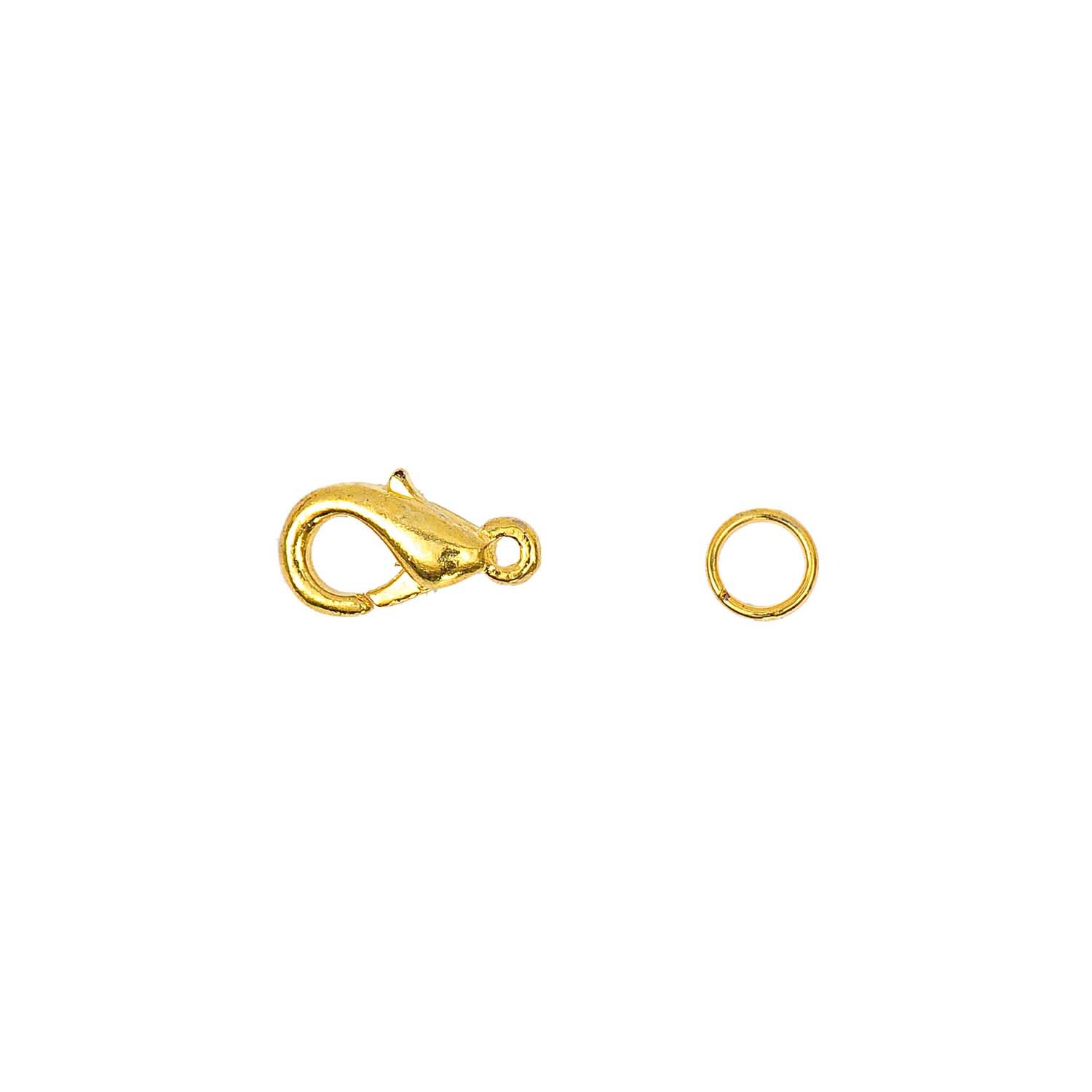 Karabiner mit 2 Federringen gold 12mm von Rico Design, ideal für Schmuckherstellung, zeigt einen goldenen Karabiner und einen Federring auf weißem Hintergrund.