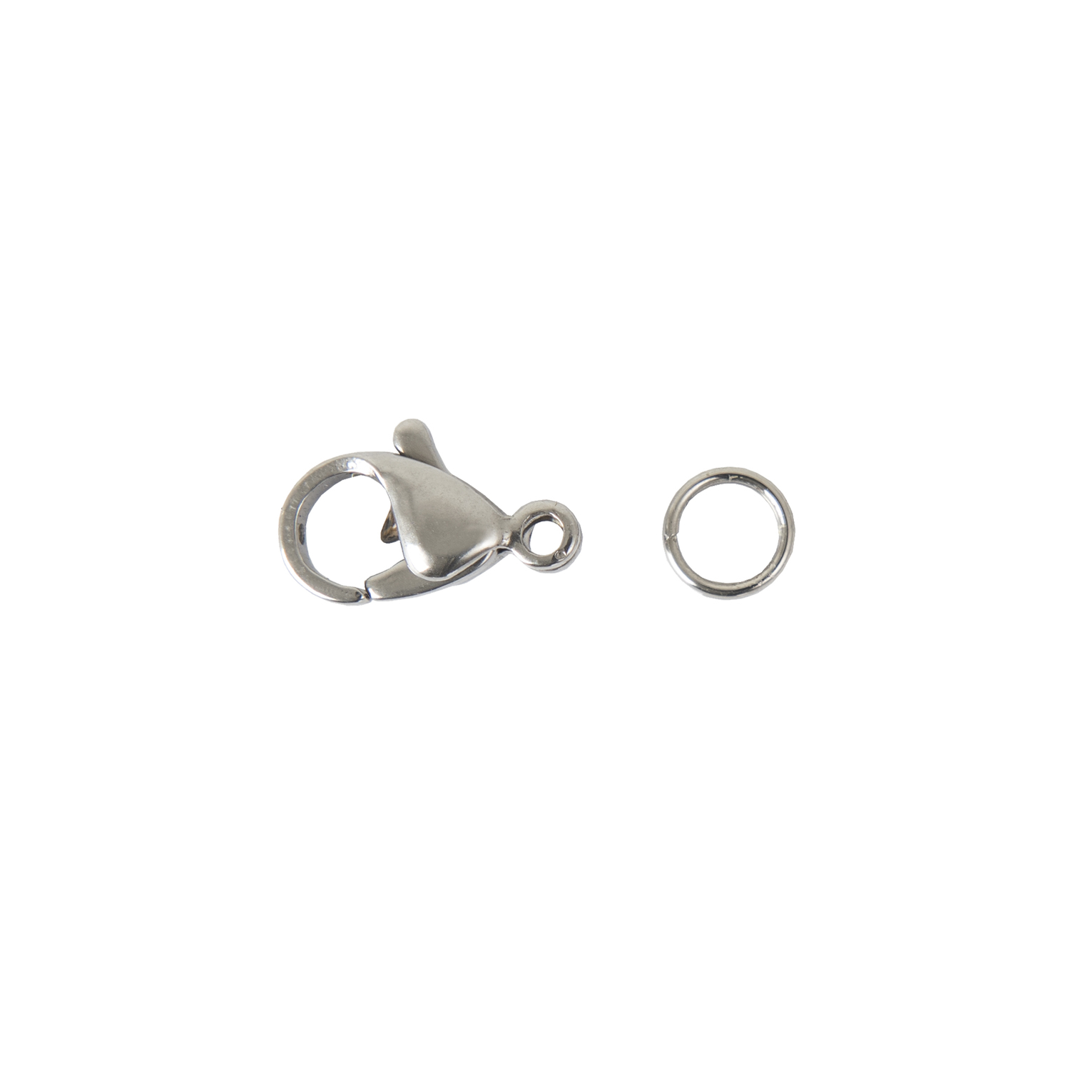 Karabiner Edelstahl 10mm 2 Stück von Rico Design in Silber. Abgebildet sind ein Karabinerhaken und ein Ring. Ideal für Schmuckherstellung.