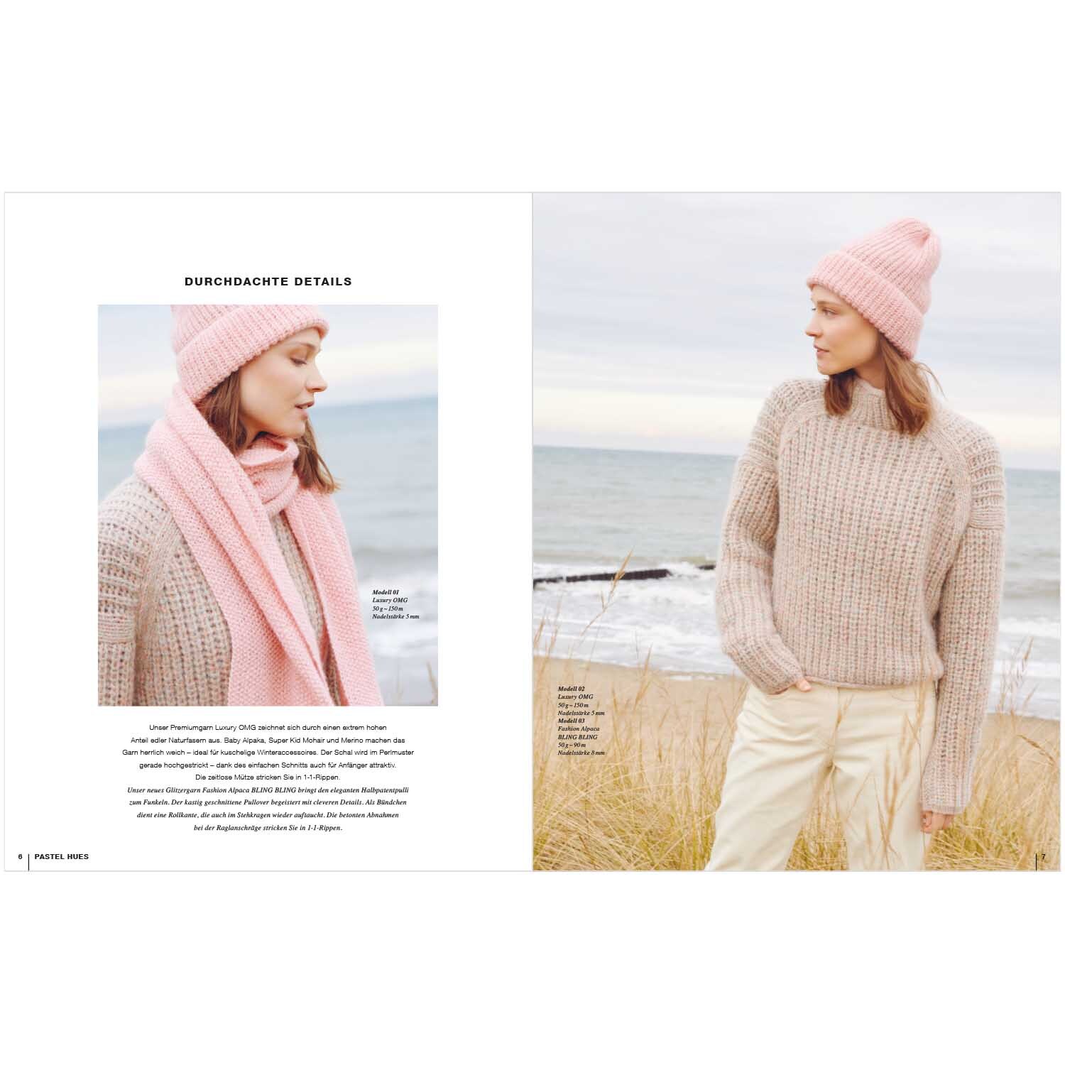 Lovewool Nr.13 Handstrickmagazin Herbst-Winter zeigt eine Frau am Strand in beigem Strickpullover und rosa Mütze von Rico Design.