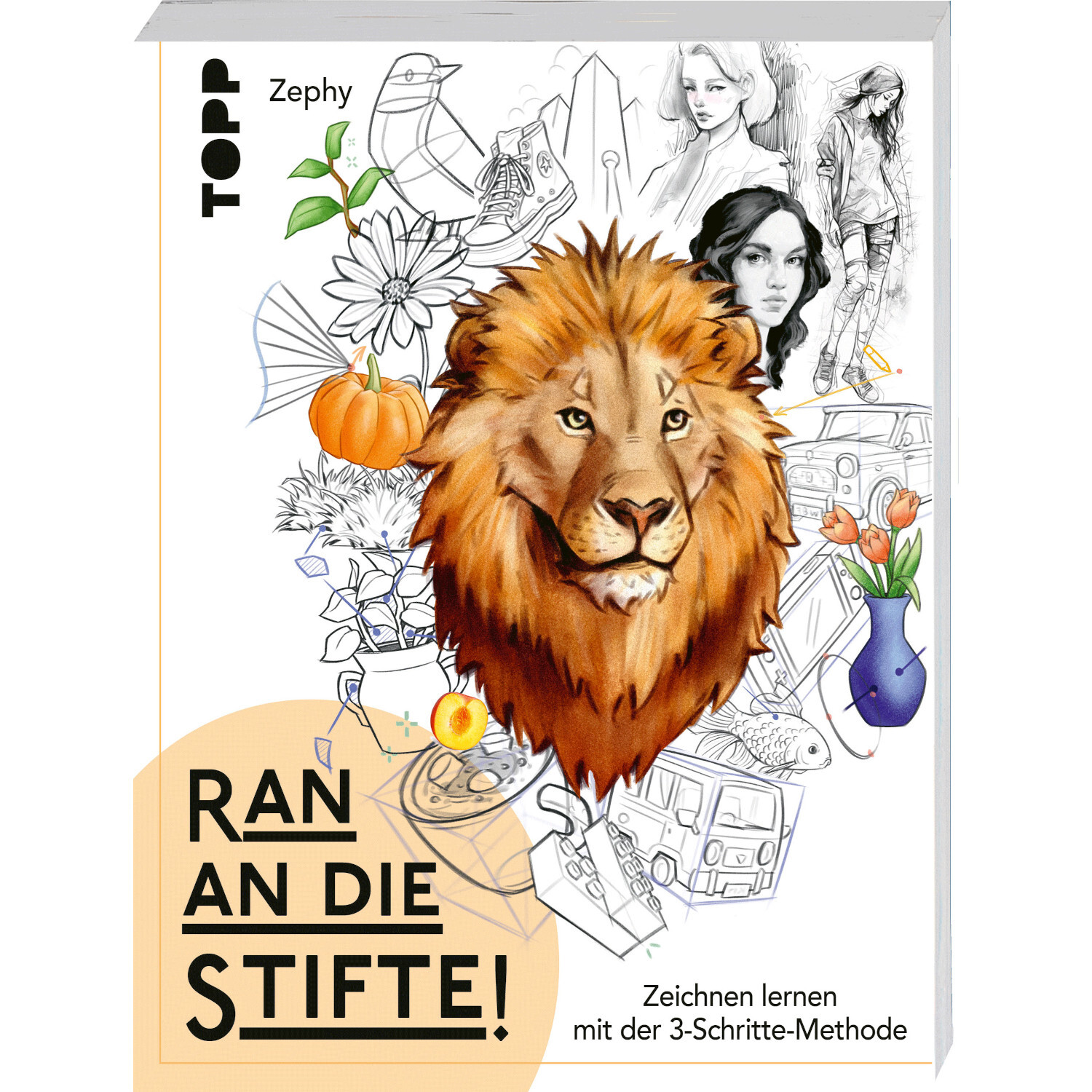 Ran an die Stifte! Buchcover mit Löwenillustration, Zeichnungen und TOPP-Logo, Zeichnen lernen.