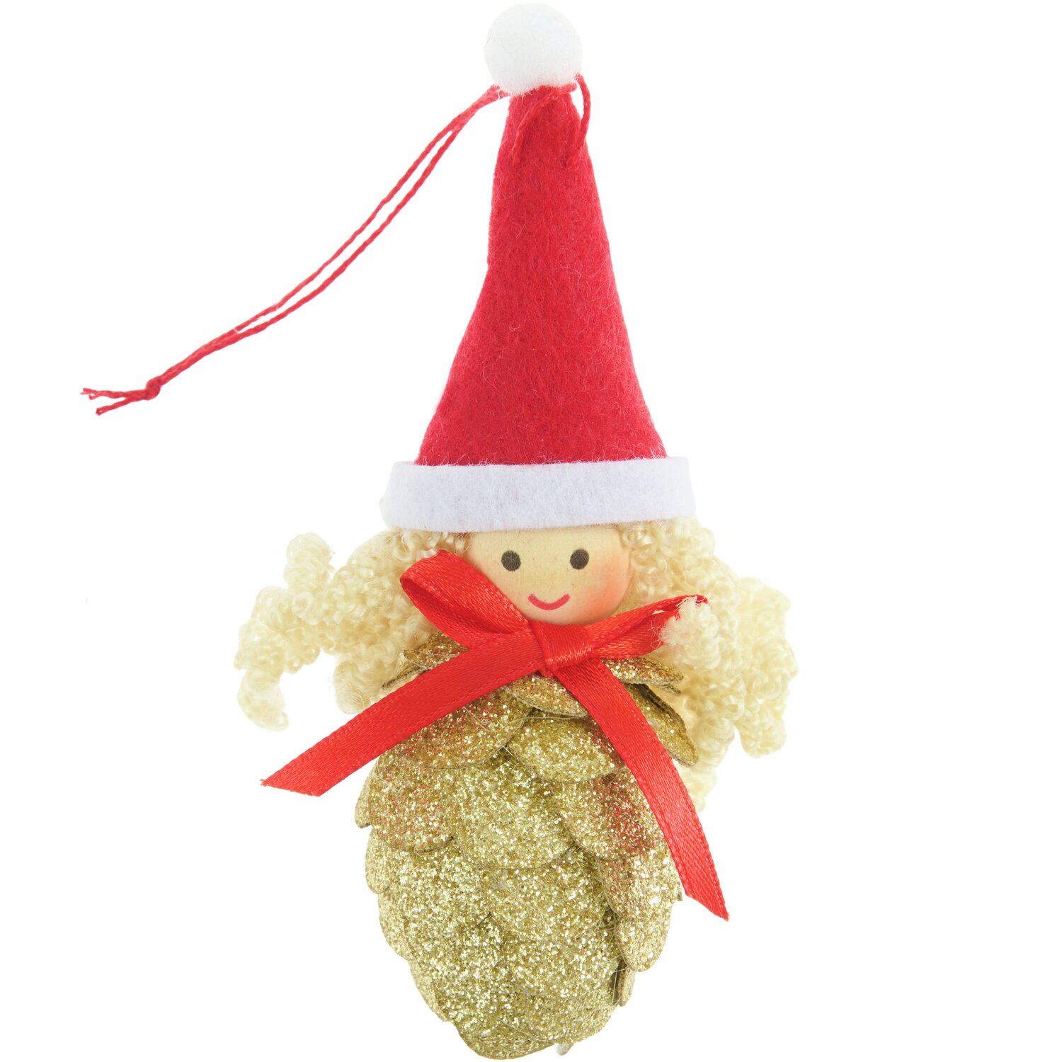 Aufhänger Filz-Zapfenkind mit Mütze Gold: Niedliche Weihnachtsdekoration mit roter Mütze und goldfarbenem Körper, ideal für den Christbaum.