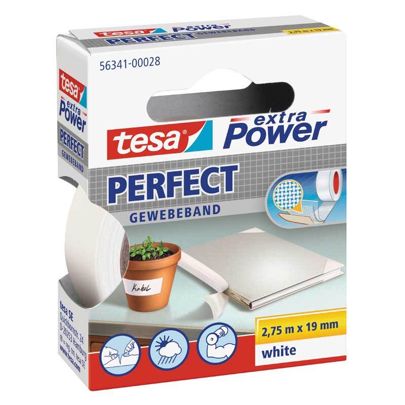 Gewebeband extra Power weiß 19mm 2,75m von tesa, ideal für Reparaturen, auf weißem Hintergrund. Verpackung zeigt Anwendungen und Maße.