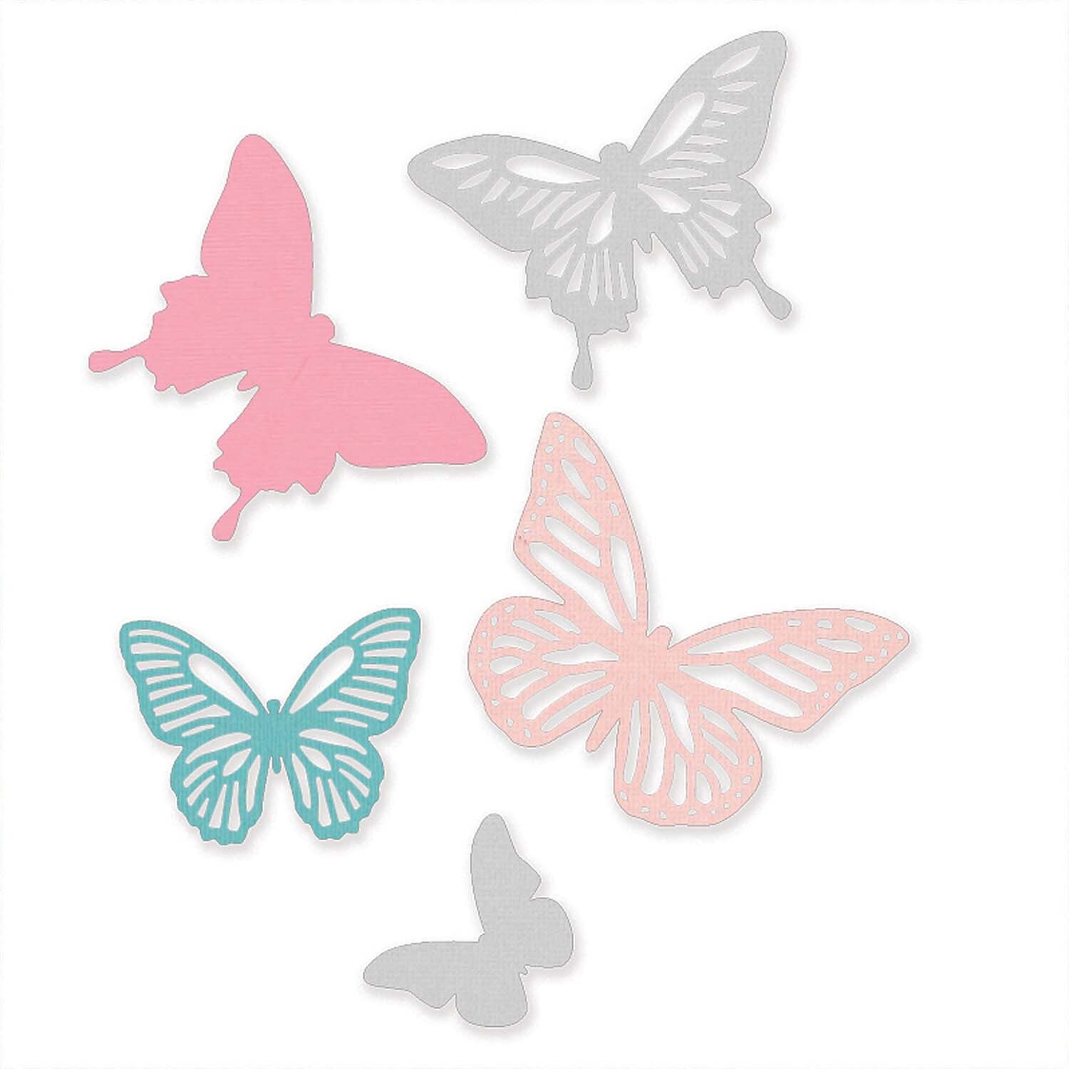 Thinlits Die Set Butterflies zeigt fünf filigrane Schmetterlingsformen in Pastellfarben von Sizzix.