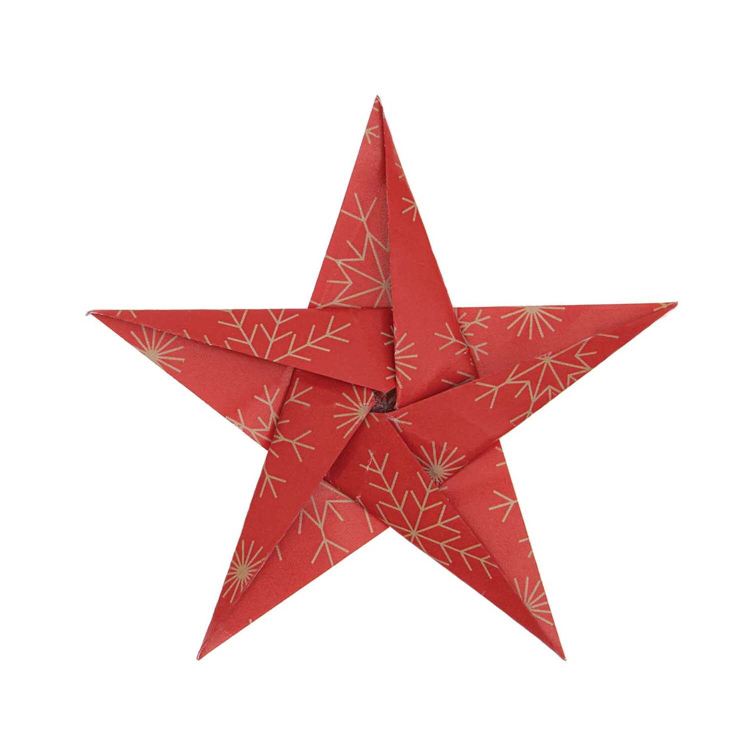 Paper Poetry Bascetta Origamipapier zeigt einen roten, sternförmigen Origami mit Schneeflockenmuster.