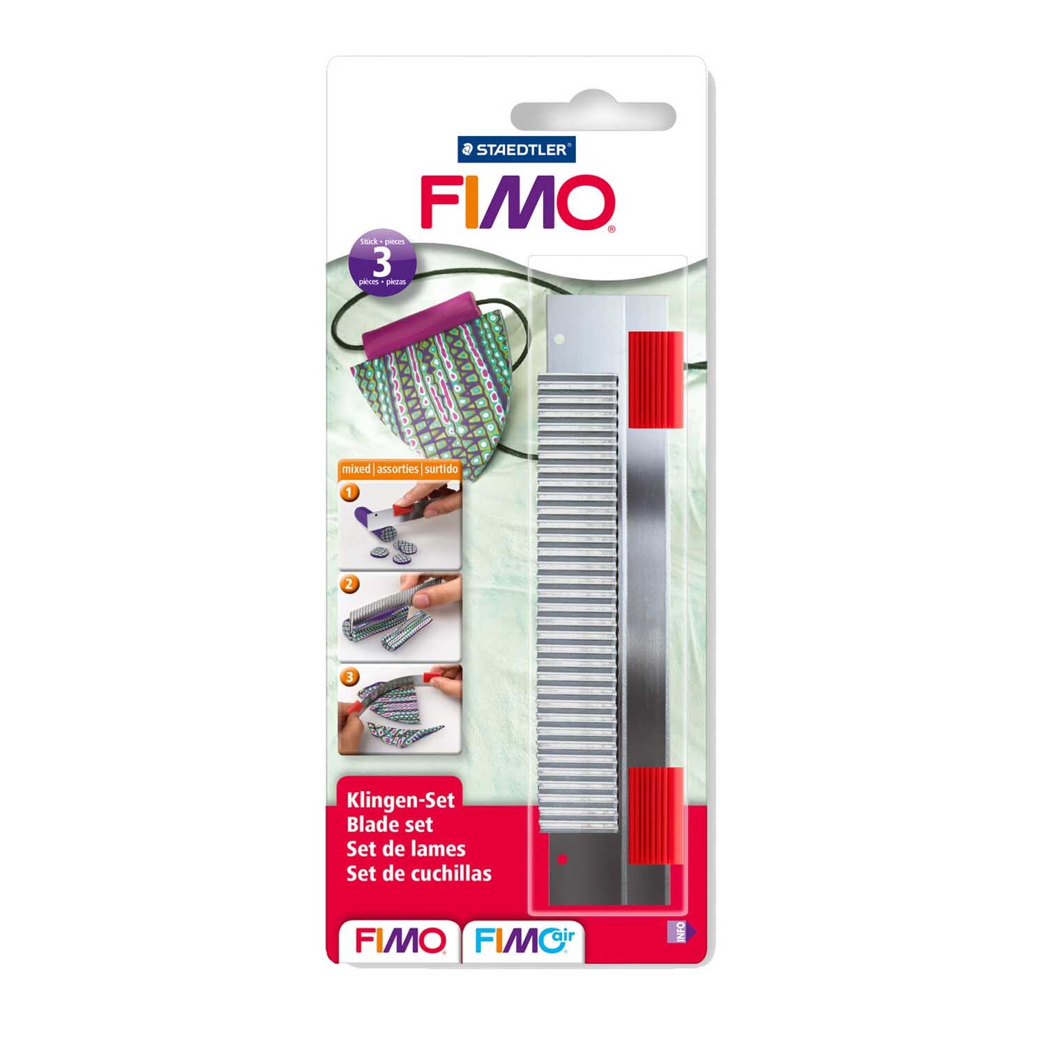 FIMO Cutter 3 Stück von Staedtler, Klingen-Set in Verpackung mit roten Griffen, ideal für präzises Schneiden.