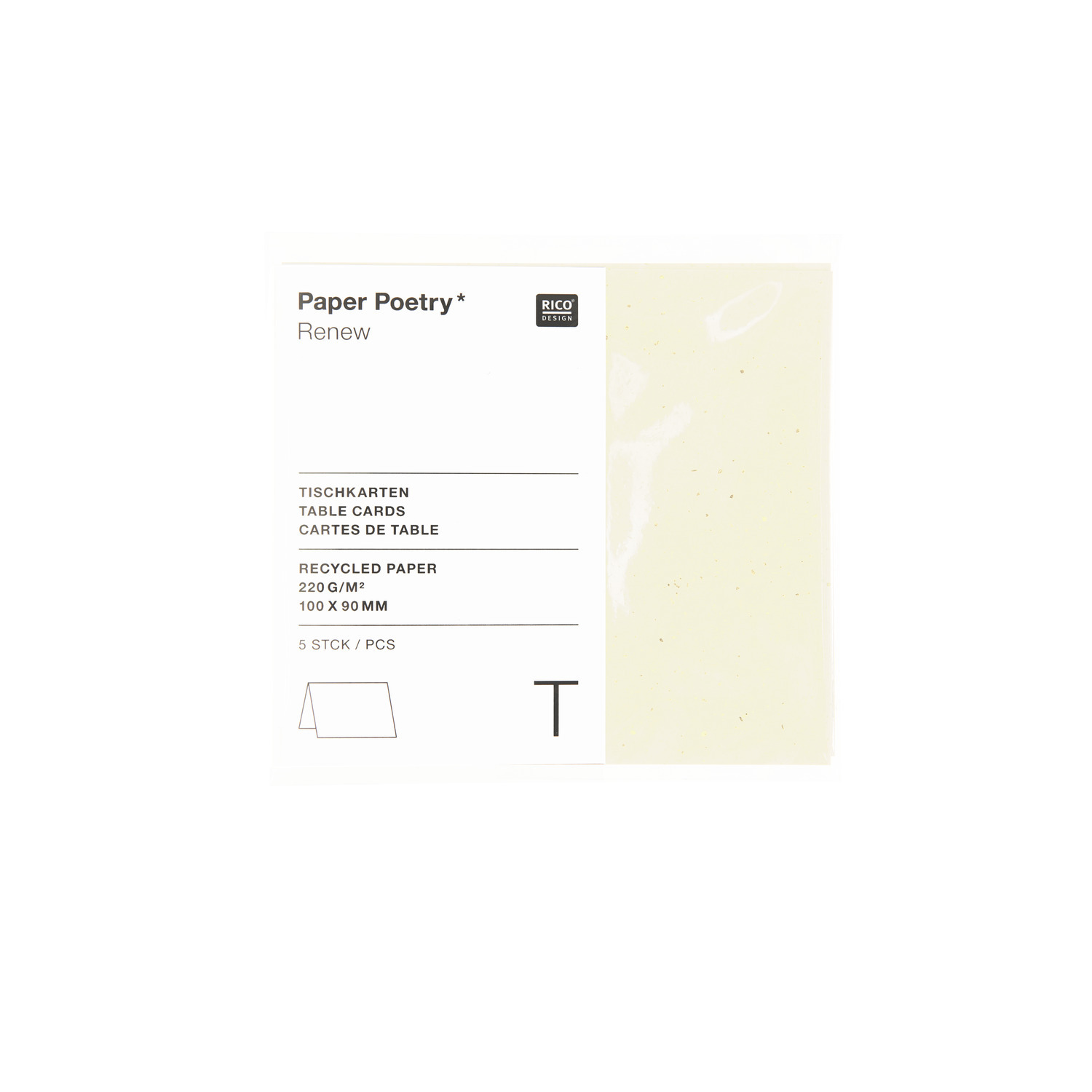 Paper Poetry Renew Tischkarten in Elfenbein von Rico Design, 5 Stück, auf weißem Hintergrund.