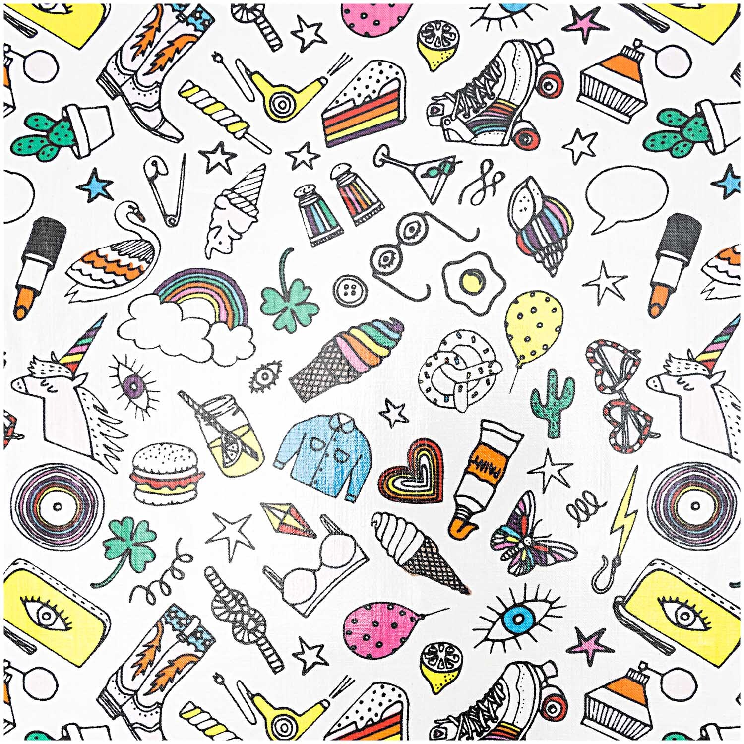 Druckstoff Icons zeigt bunte, verspielte Motive wie Einhörner, Regenbögen und Lippenstifte auf weißem Hintergrund. Marke: Rico Design.
