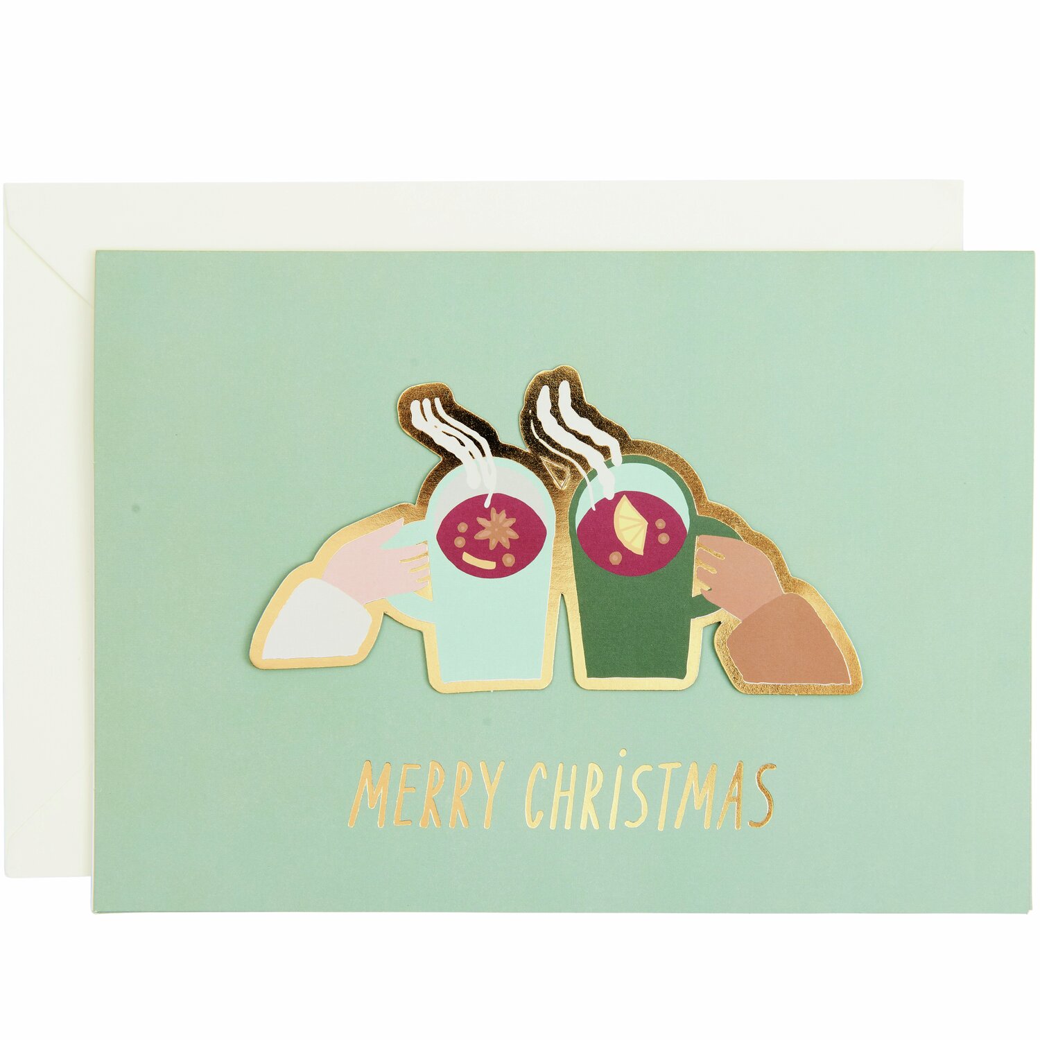 Pop-Up Karte Grüße vom Weihnachtsmarkt: Festliche Karte mit bunten Tassen auf mintgrünem Hintergrund, Text "Merry Christmas" in Gold.