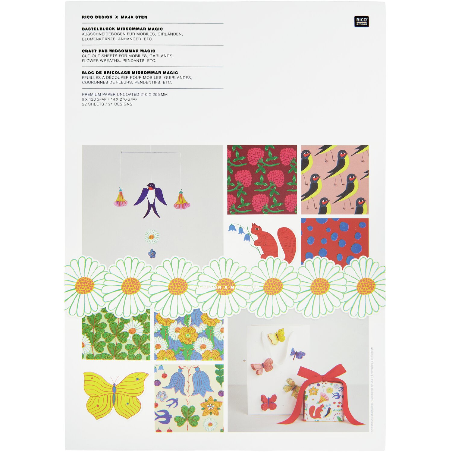 Bastelpapierblock Midsommar Magic mit 23 Blatt, farbenfrohe Designs von Rico Design, ideal für kreative Projekte.