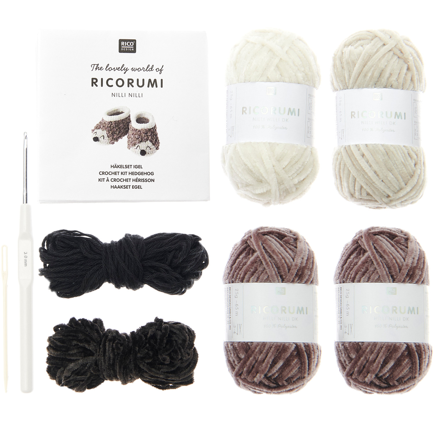 Ricorumi Häkelset Baby Booties Igel mit Wolle in Weiß, Schwarz und Braun von Rico Design. Enthält Häkelnadel und Anleitung.