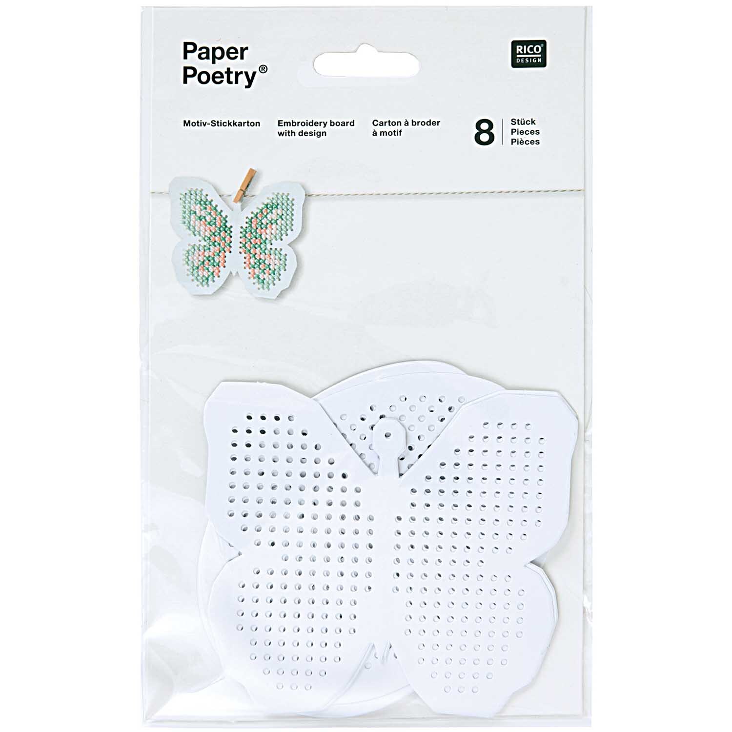 Paper Poetry Stickkarton Ostern 8 Stück von Rico Design zeigt weiße Stickkartons in Schmetterlingsform. Ideal für kreative Osterprojekte.