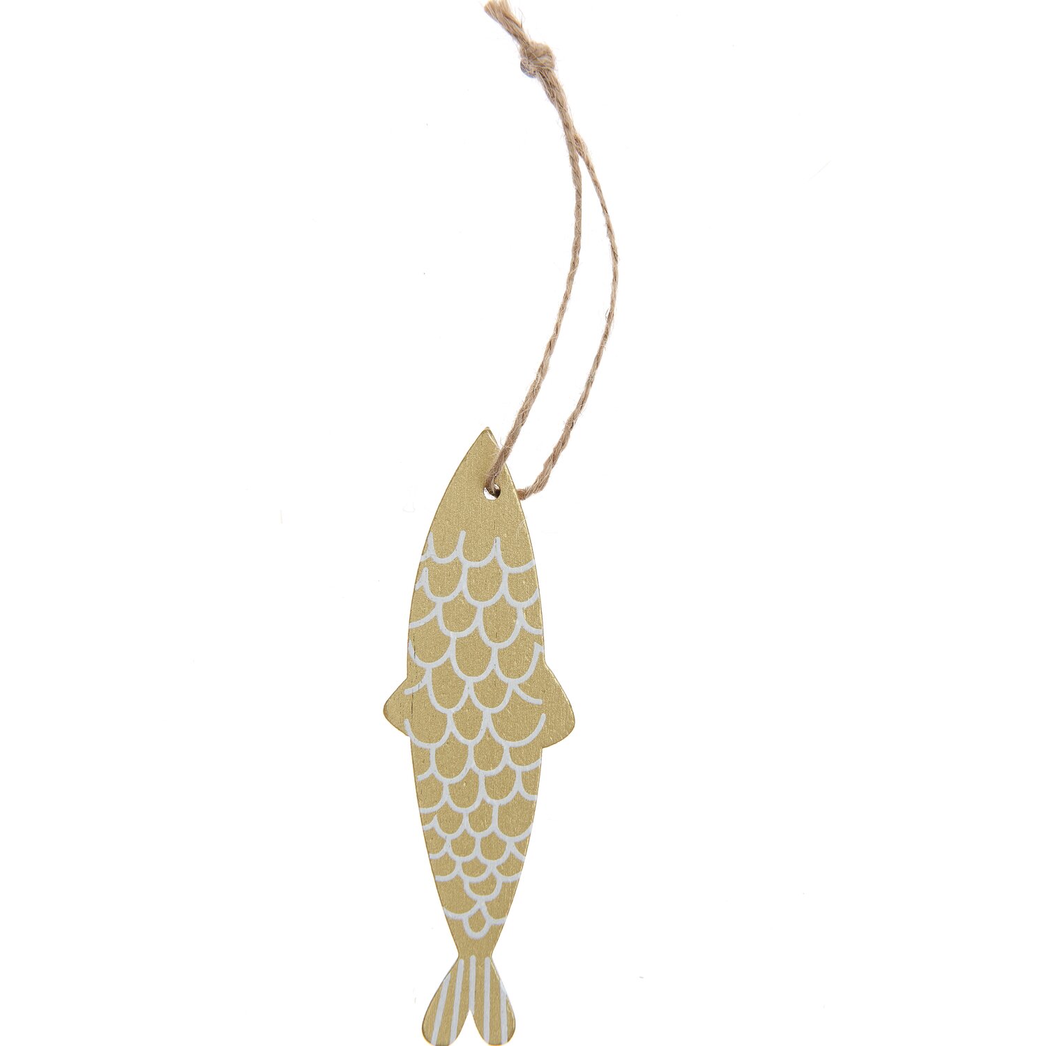 Holzhänger Fisch schmal gold-weiß 3,3x11cm mit dekorativem Muster und Aufhängeschnur.